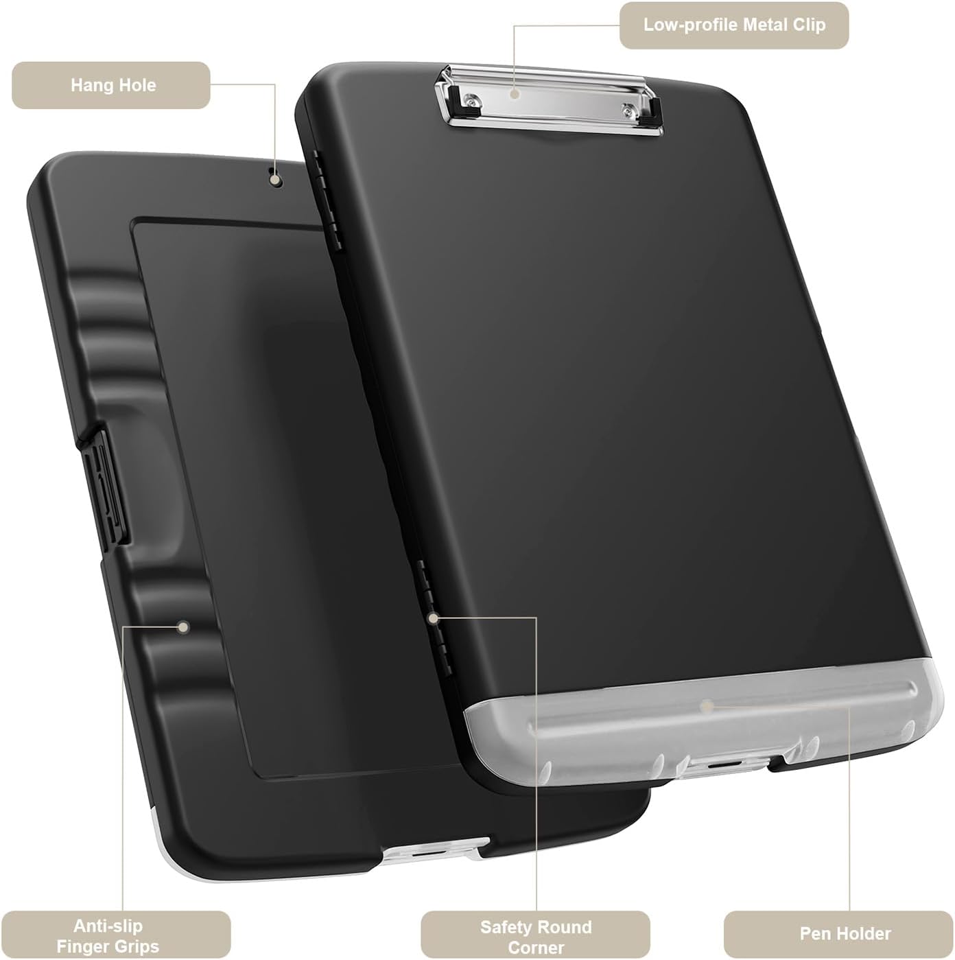 Piasoenc Clipboard with Storage, 8.5 x 11 Clip Board with Pen Holder, Black | High Capacity, Heavy Duty Plastic Organization Box for A4 Legal Paper Folder, Folio & Side-Opening Nurses, Teachers, Student