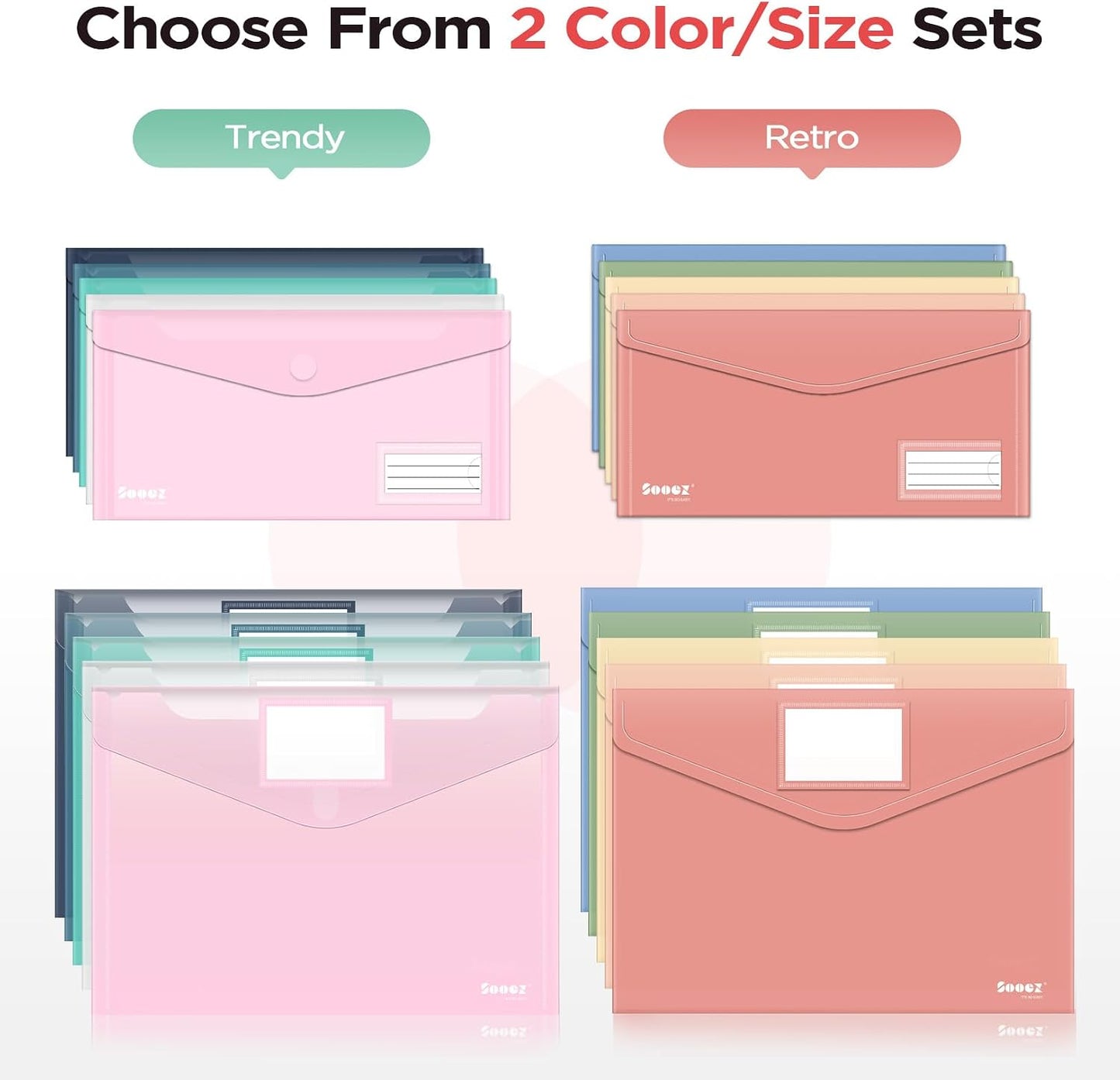 Sooez 10Pack Plastic Envelopes, Plastic File Folder, Folders for Documents | Retro Colors, Super Heavyweight Document Holder, Storage Pouches, File Envelopes for School Office Supplies