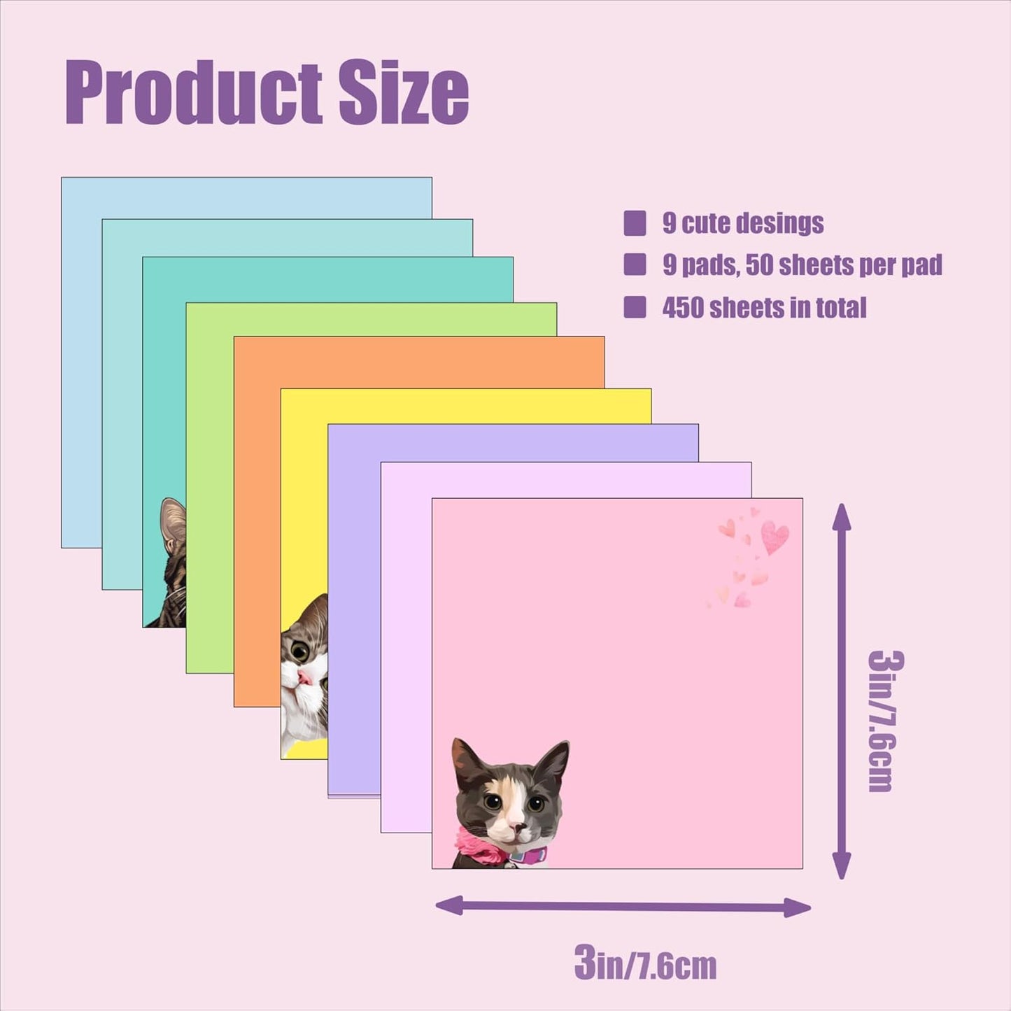 9 Pads Cute Sticky Notes Set, 3" x 3" Black Cat Self Stick Notepads, Funny Sticky Notes Set, Cat Stationery, Kawaii Adhesive Memo Pads, Cat Lover Gifts, Office Decor Desk Accessories, School Supplies