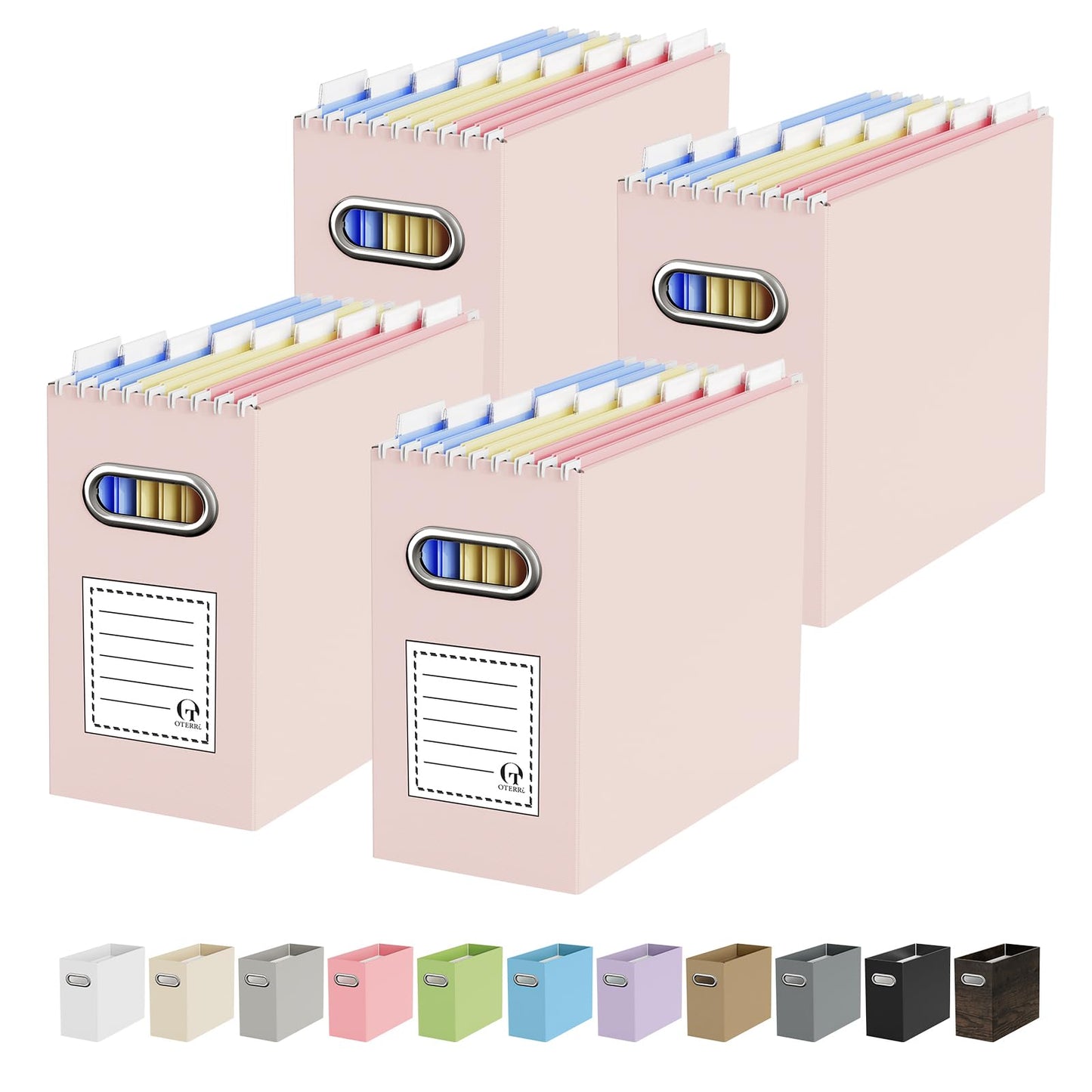 Portable Collapsible Cardboard File Box with Handle for Letter-Size | 4-Pack. Stainless Steel Handle. Label Stickers Included. Fits Letter Folders (Not Included). Home, Office, School, Dorm, Tax.