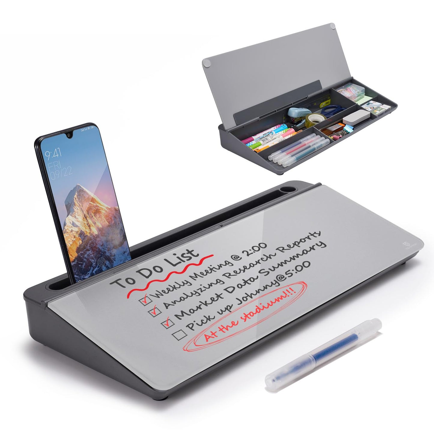 Small Desktop Whiteboard -Glass Dry Erase Board Computer Keyboard Stand White Board Surface Pad with Drawer, Desk Organizers with Accessories for Office, Home, School Supplies - White