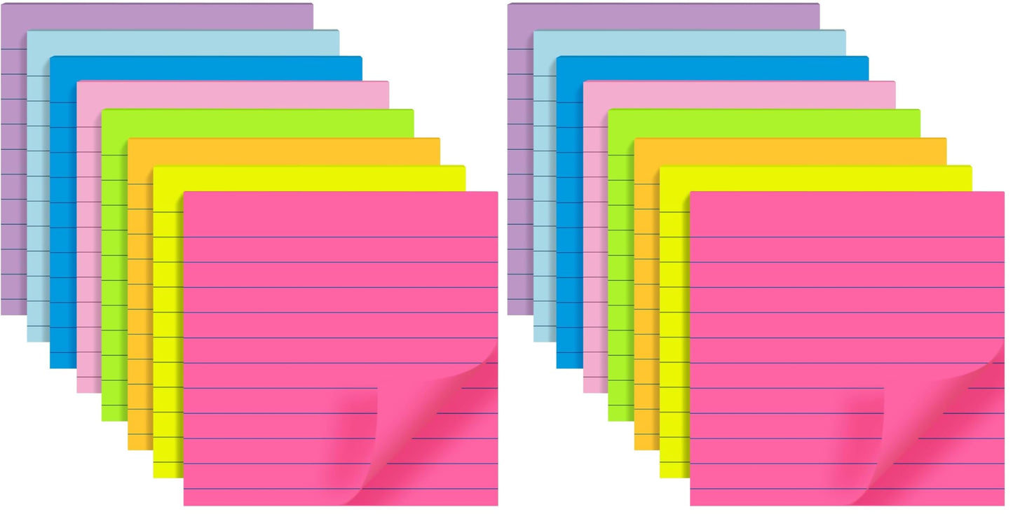 8-Pack Lined Sticky Notes 4x6 in, 8 Bright Colors, Self-Stick Note Pads, Super Sticky, 40 Sheets/Pad, for Office, Home & School