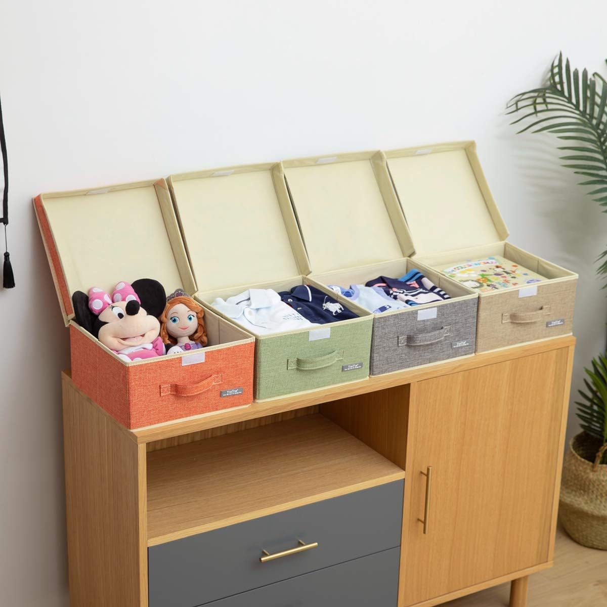 YueYue Fabric Storage Bins with Lids Small 4 Pack, Linen Foldable Storage Box with lids 4 Color Set 12.4in/12in/6.7in