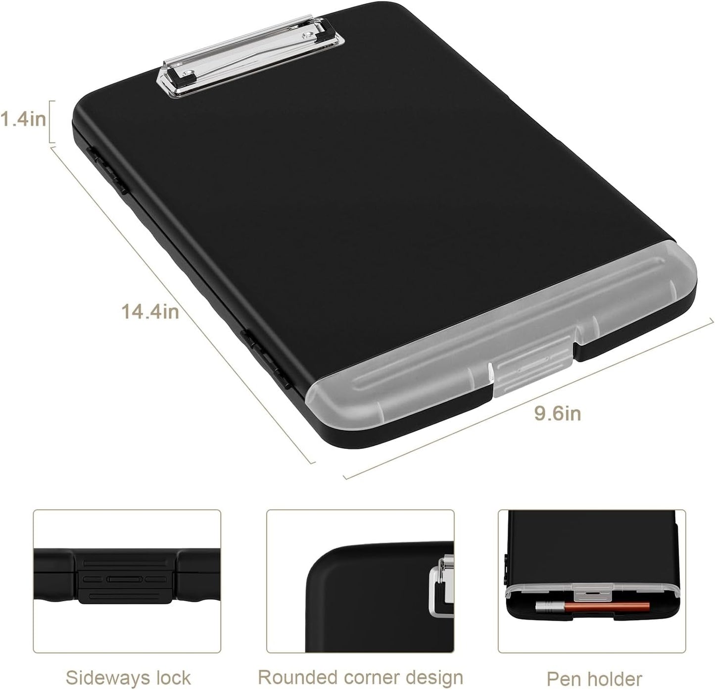 Piasoenc Clipboard with Storage, 8.5 x 11 Clip Board with Pen Holder, Black | High Capacity, Heavy Duty Plastic Organization Box for A4 Legal Paper Folder, Folio & Side-Opening Nurses, Teachers, Student