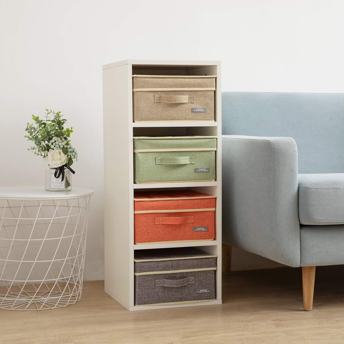 YueYue Fabric Storage Bins with Lids Small 4 Pack, Linen Foldable Storage Box with lids 4 Color Set 12.4in/12in/6.7in
