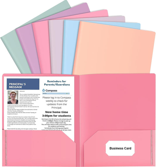 6 Pack Colored File Folders with Pockets, Pastel Pocket Folders, Plastic | Business Card Holder, Decorative, for Documents, Cute Plastic Folders for Filing Cabinet, School, Office, Resume Portfolio