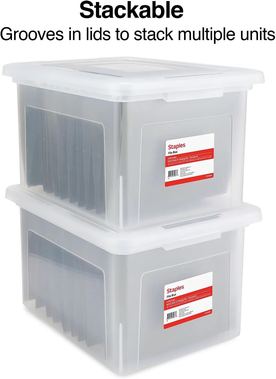 STAPLES Plastic File Box with Snap Lid, Letter/Legal Size, Clear, 4/Carton | Stackable storage box keeps hanging files organized and protected. Pack of 4.