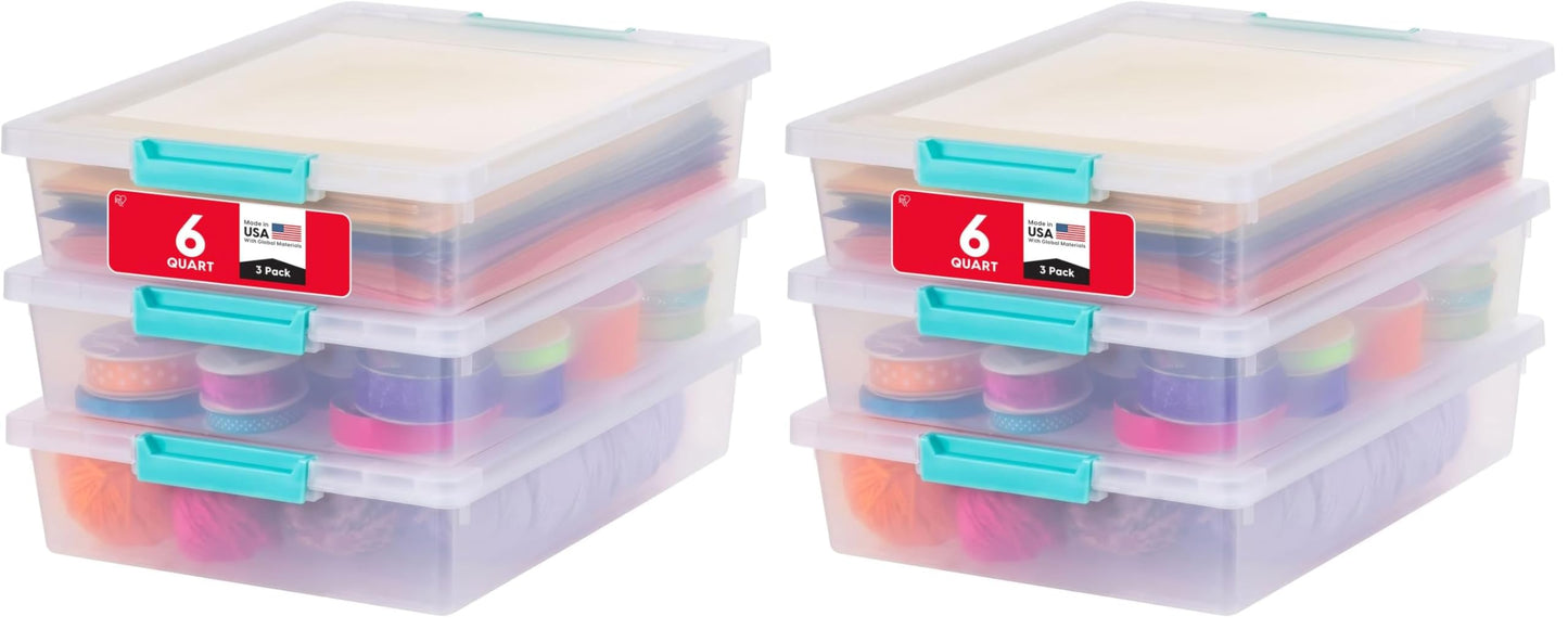 IRIS USA Storage Bins with Lids |Made in USA| 6 Qt - (4-Pack) - Clear | Sensory Craft Organizers, Plastic Clip Box Totes, Flat Containers for Organizing Paper, Office, Art & Study Supplies