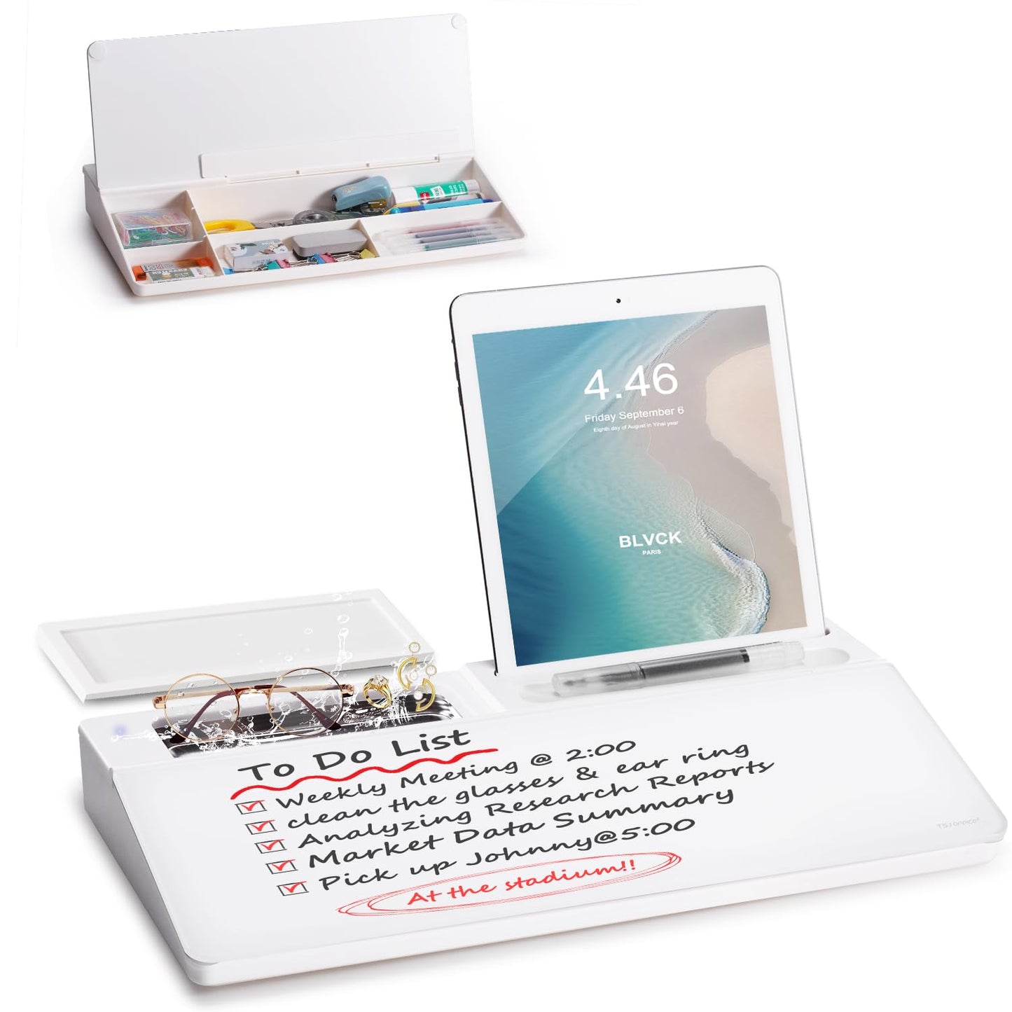 Small Desktop Whiteboard -Glass Dry Erase Board Computer Keyboard Stand White Board Surface Pad with Drawer, Desk Organizers with Accessories for Office, Home, School Supplies - White