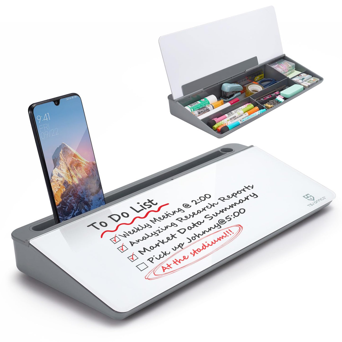 Small Desktop Whiteboard -Glass Dry Erase Board Computer Keyboard Stand White Board Surface Pad with Drawer, Desk Organizers with Accessories for Office, Home, School Supplies - White