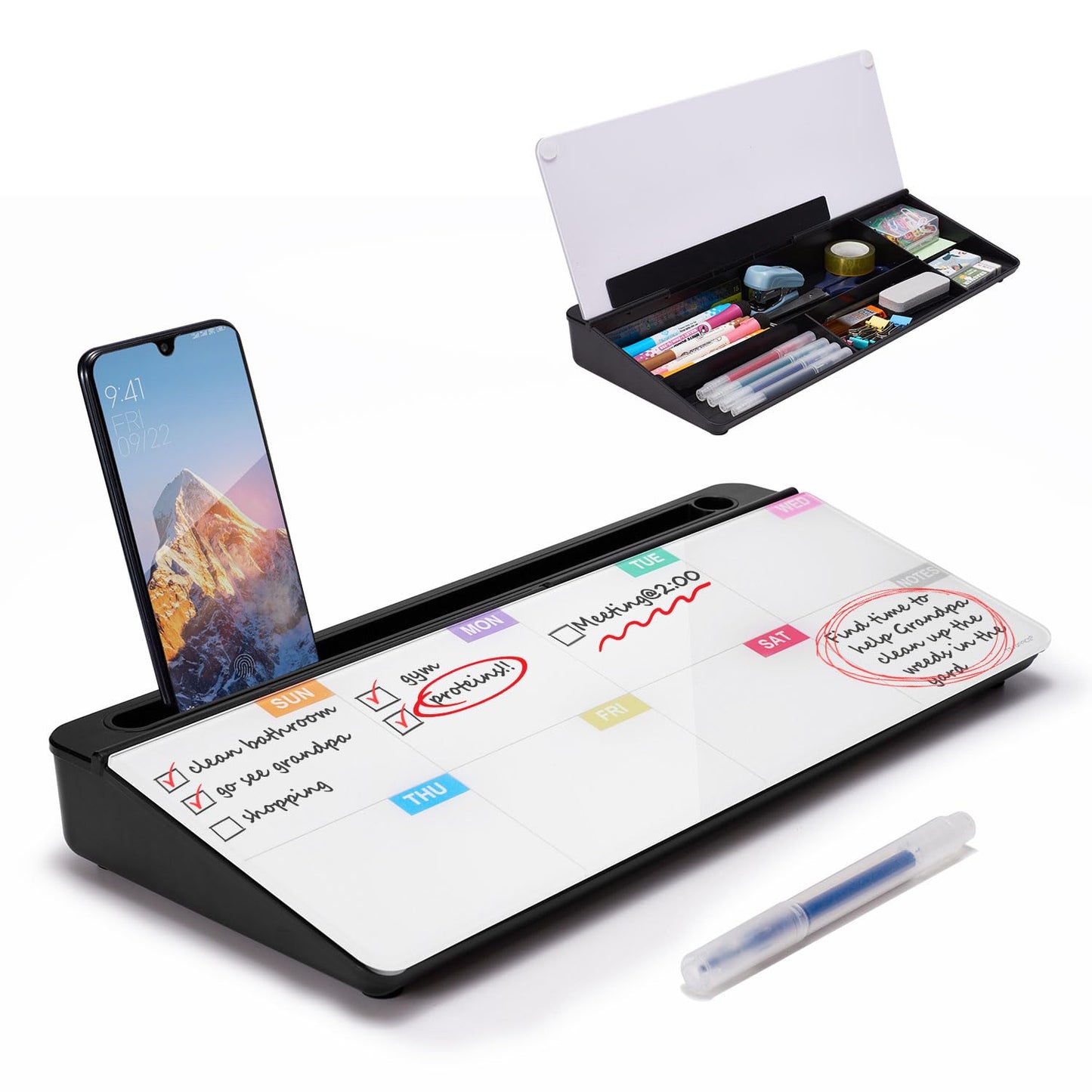 Small Desktop Whiteboard -Glass Dry Erase Board Computer Keyboard Stand White Board Surface Pad with Drawer, Desk Organizers with Accessories for Office, Home, School Supplies - White