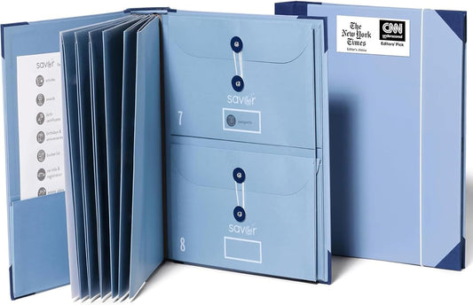 The Folio® Important Document Organizer by Savor | Binder with Guided Labels, Acid-Free File Folder Organizer with 10 Pockets, Document Holder for Home Records, Legal and Medical Papers (Blue)