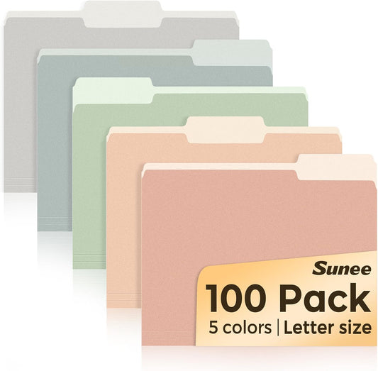 SUNEE File Folders Letter Size Pastel Colors, 100 Pack Manilla Folders 8.5 x 11 1/3-Cut Tabs, Colored File Folders Office Home School for Documents Files Paper