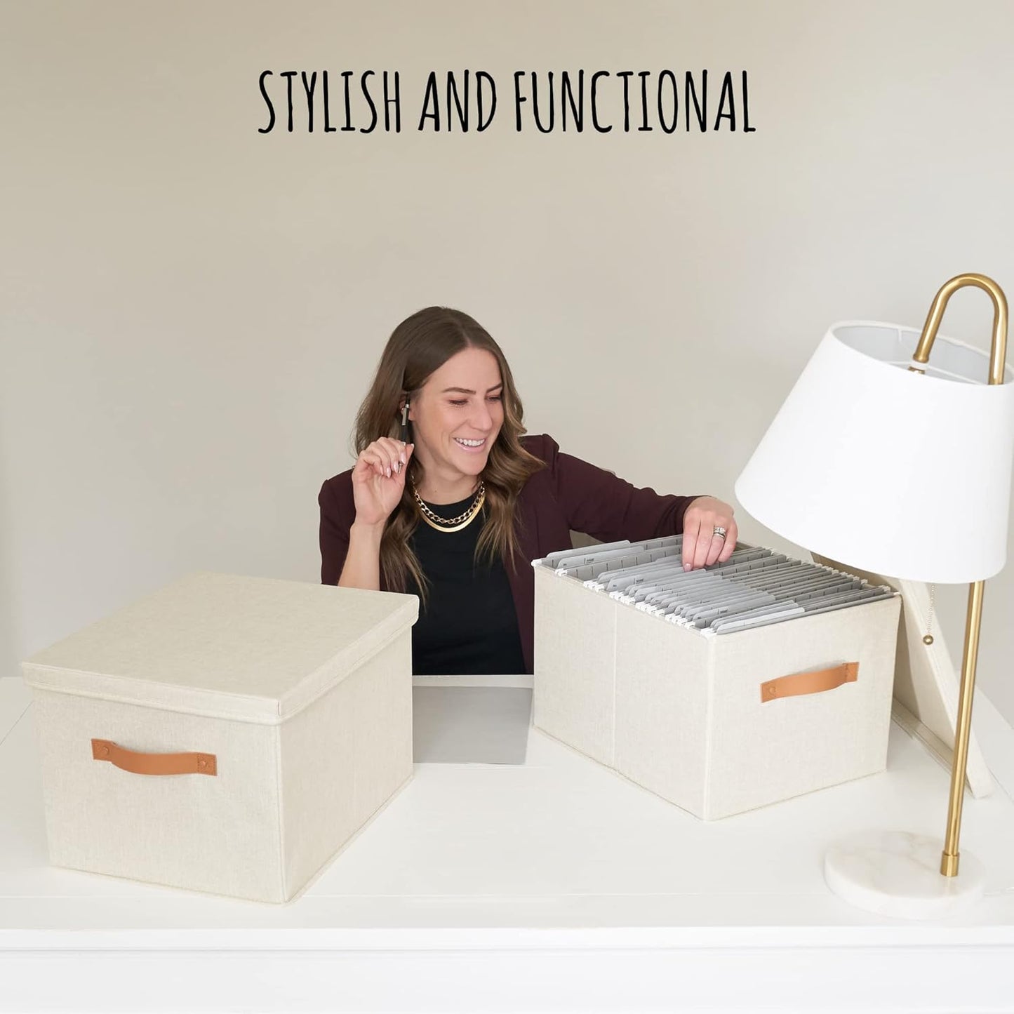 Decorative File Organizer Box Set of 2 - Collapsible Linen Filing Cabinets | Stores Documents and Hanging File Folders - Portable Office Crates with Lid and Handles for Easy Slide Access