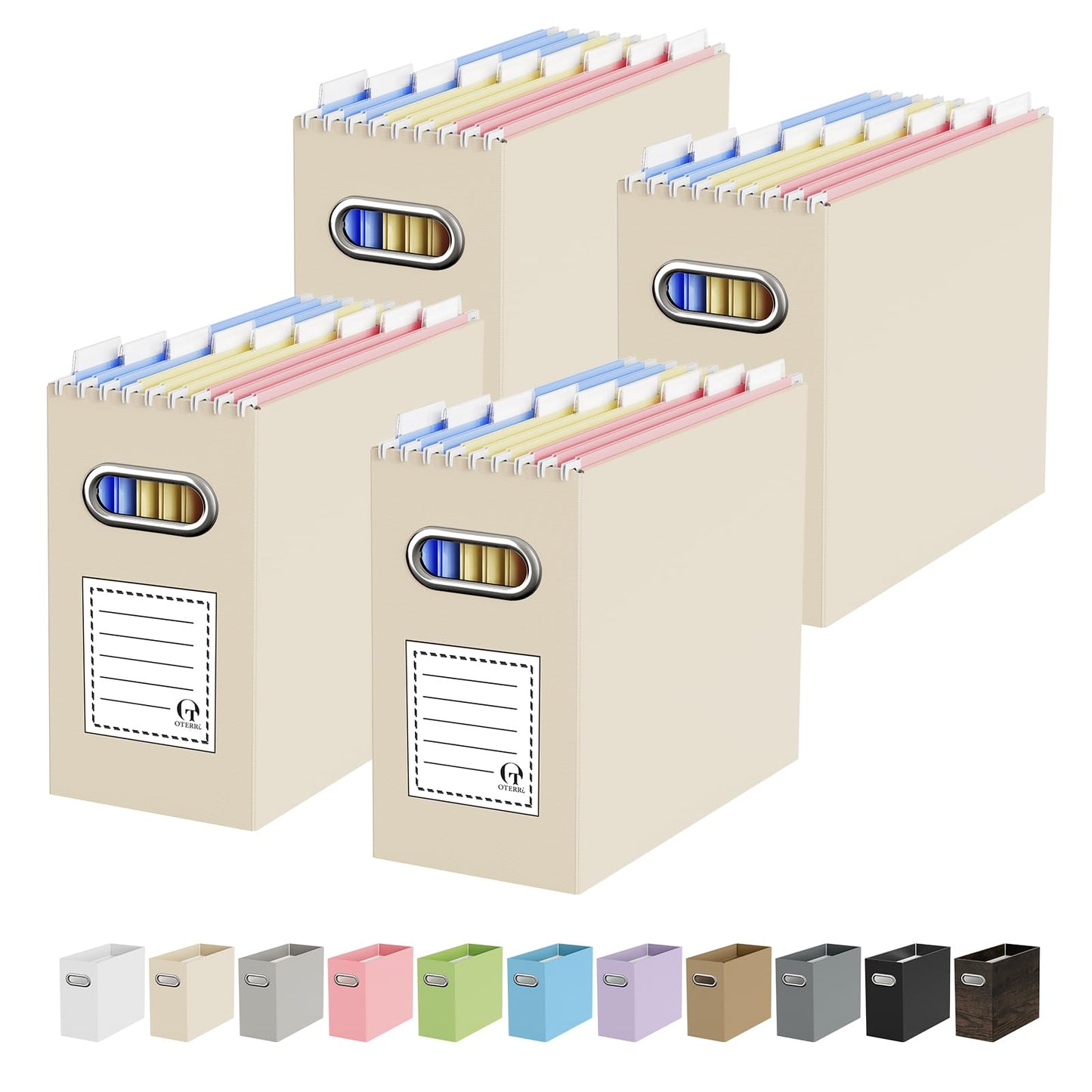 Portable Collapsible Cardboard File Box with Handle for Letter-Size | 4-Pack. Stainless Steel Handle. Label Stickers Included. Fits Letter Folders (Not Included). Home, Office, School, Dorm, Tax.