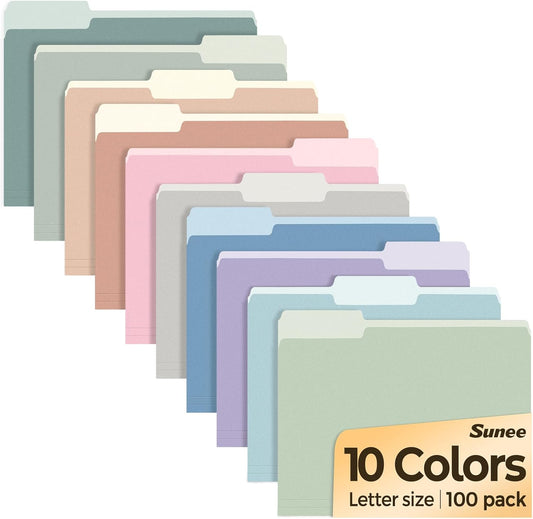 SUNEE File Folders Letter Size 10 Pastel Colors, 100 Pack Manilla Folders 8.5 x 11 1/3-Cut Tabs, Colored File Folders Office Home School for Documents Files Paper