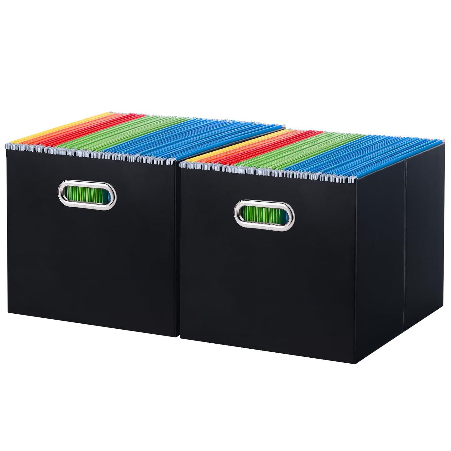 Portable Collapsible Cardboard File Box with Handle for Letter-Size | 4-Pack. Stainless Steel Handle. Label Stickers Included. Fits Letter Folders (Not Included). Home, Office, School, Dorm, Tax.