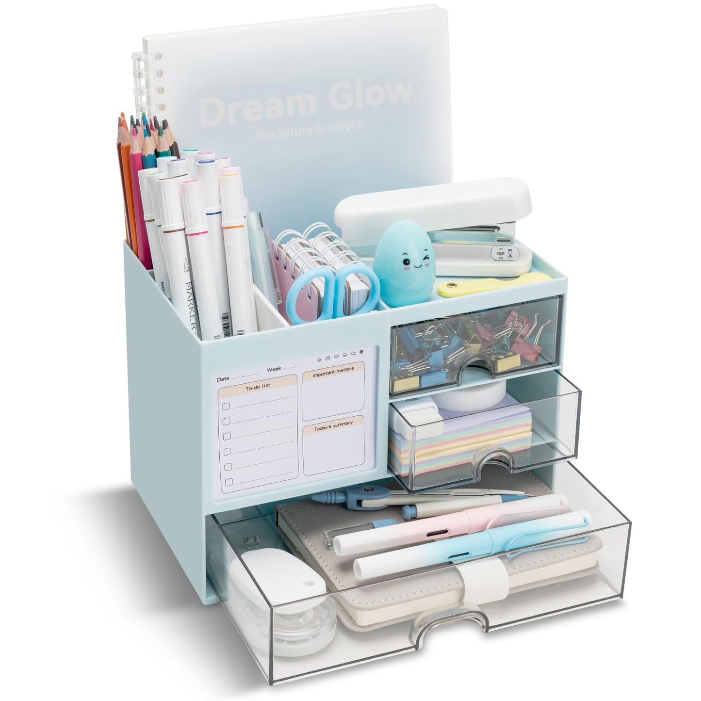 QIYVLOS Desk Organizer with 3 Drawer, Multi-Functional Pencil Pen Holder for Desk, Desk Organizers and Storage with 8 Compartments, Desktop Organizer for Office Home Art Supplies (White)