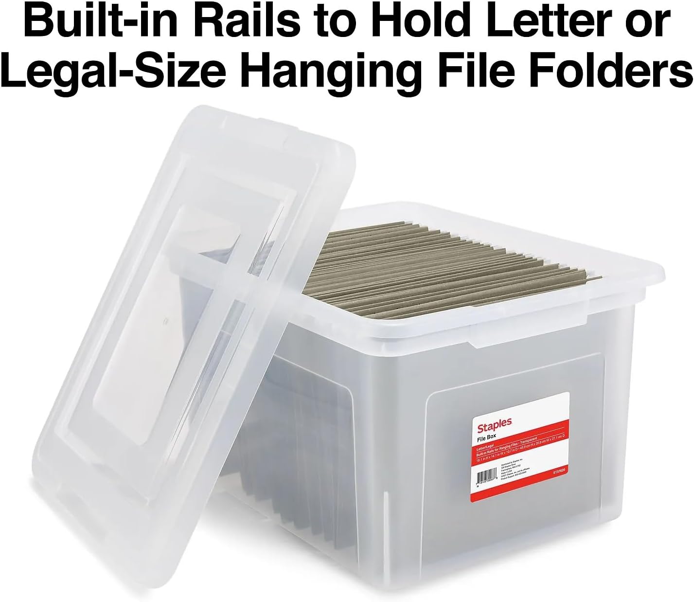 STAPLES Plastic File Box with Snap Lid, Letter/Legal Size, Clear, 4/Carton | Stackable storage box keeps hanging files organized and protected. Pack of 4.