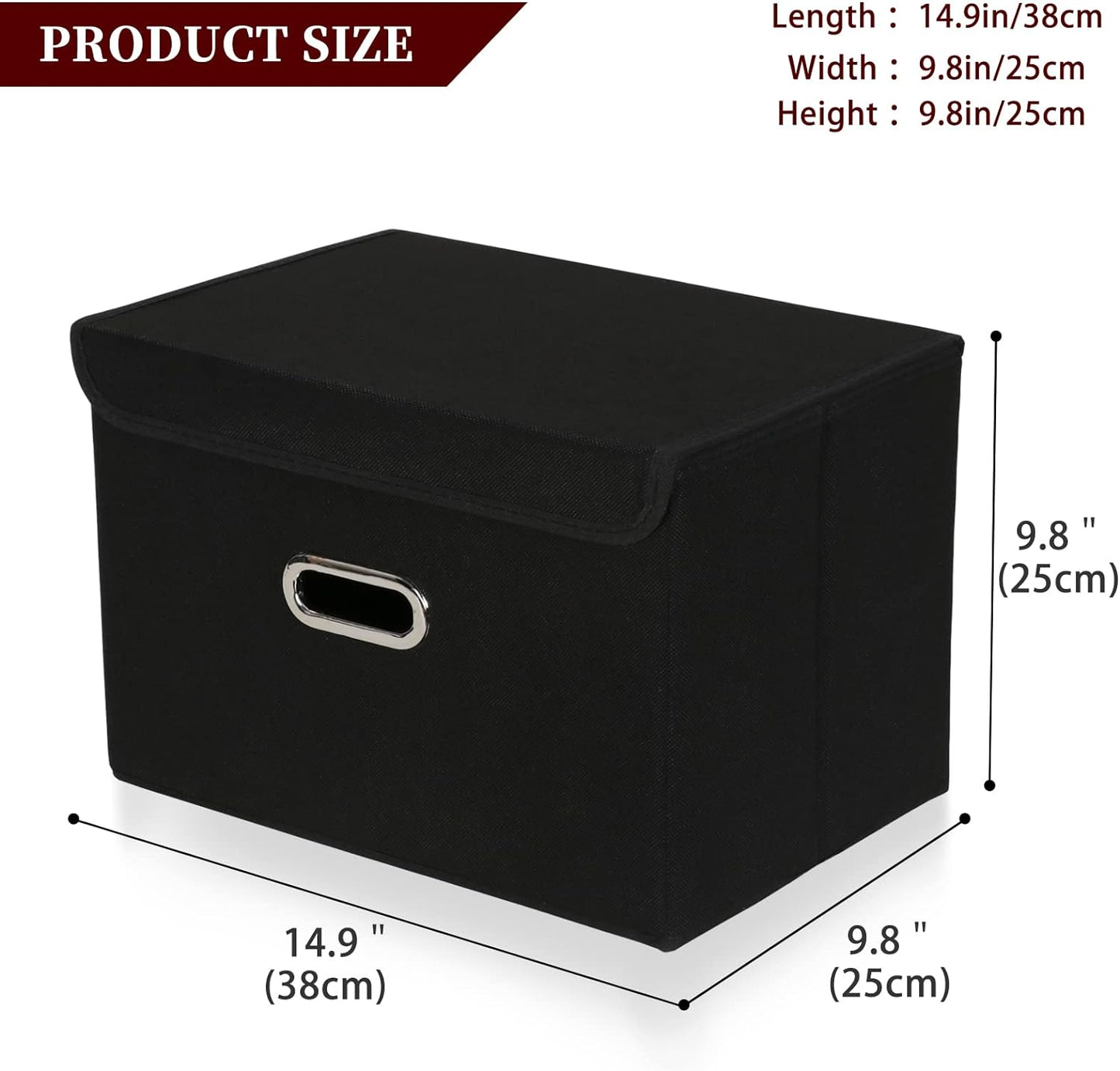STOREONE Fabric Storage Cube Bins Foldable Organizer Container Collapsible Basket with Lids and Metal Handles, for Home, Bedroom, Closet (Black, 3 Pcs)
