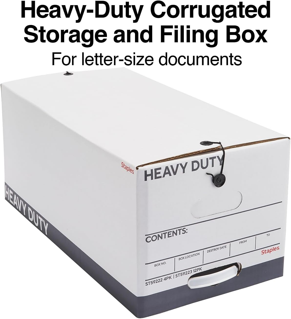 STAPLES Storage & Filing Box, Heavy-Duty with Handles & String-Button Lid, Letter Size Documents, Stackable, 4-Pack, White/Gray