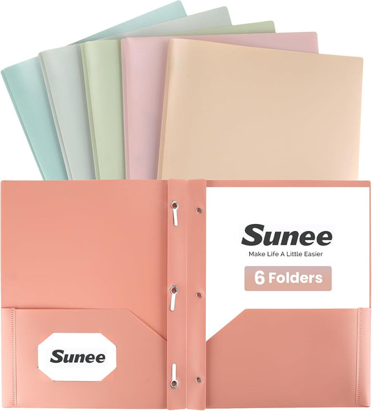 SUNEE 3-Prong Plastic Folders with Pockets (6 Pack, Vintage Colors) 2 Pocket Folders with Fasteners, Tear-Resistant Plastic Pockets, and Fit Letter Size Paper, Use for School Office Home Business
