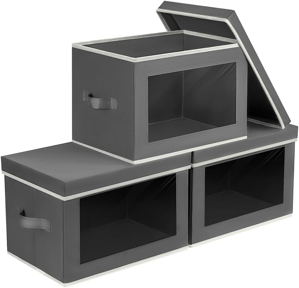 Storage Bins with Lids - Fabric Storage Boxe with Window, Collapsible Closet Organizers with Handles, 3 Pack Decorative Bin, Home Cubes Baskets for Clothes, Hat, Books, Dark Grey