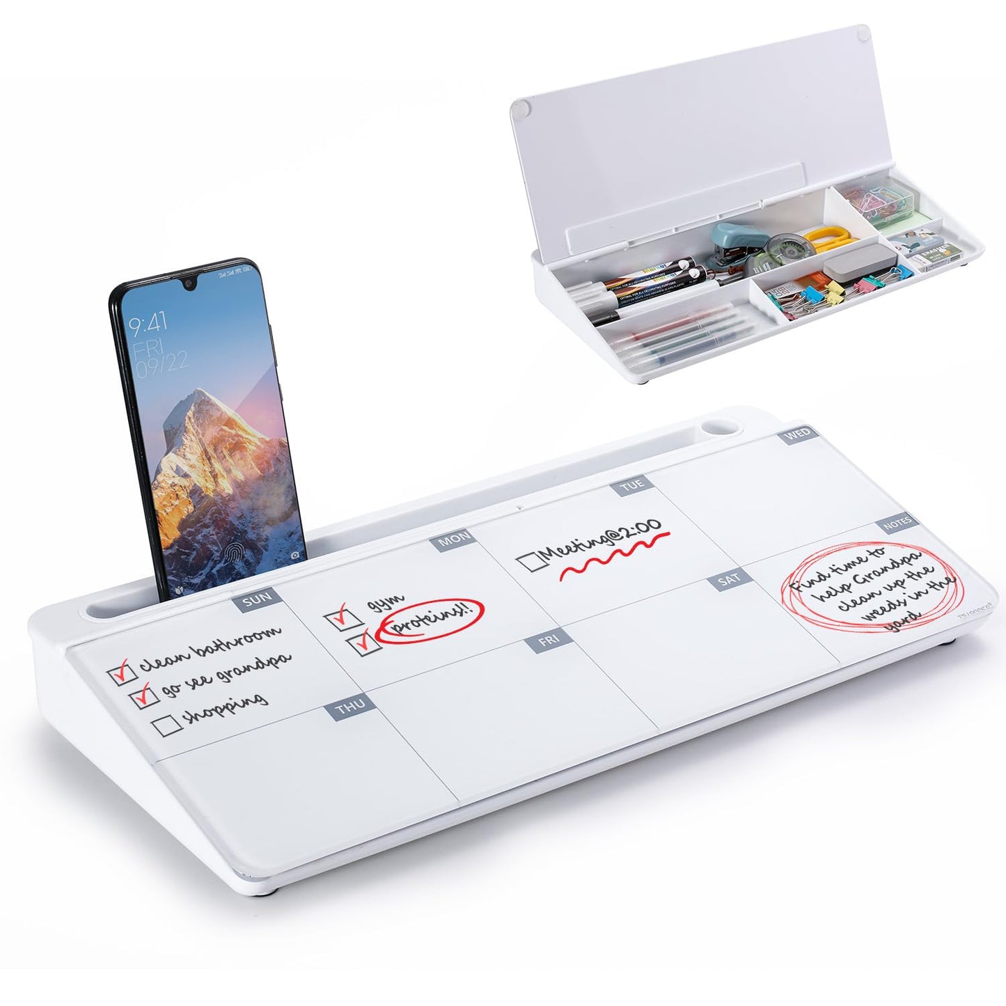 Small Desktop Whiteboard -Glass Dry Erase Board Computer Keyboard Stand White Board Surface Pad with Drawer, Desk Organizers with Accessories for Office, Home, School Supplies - White