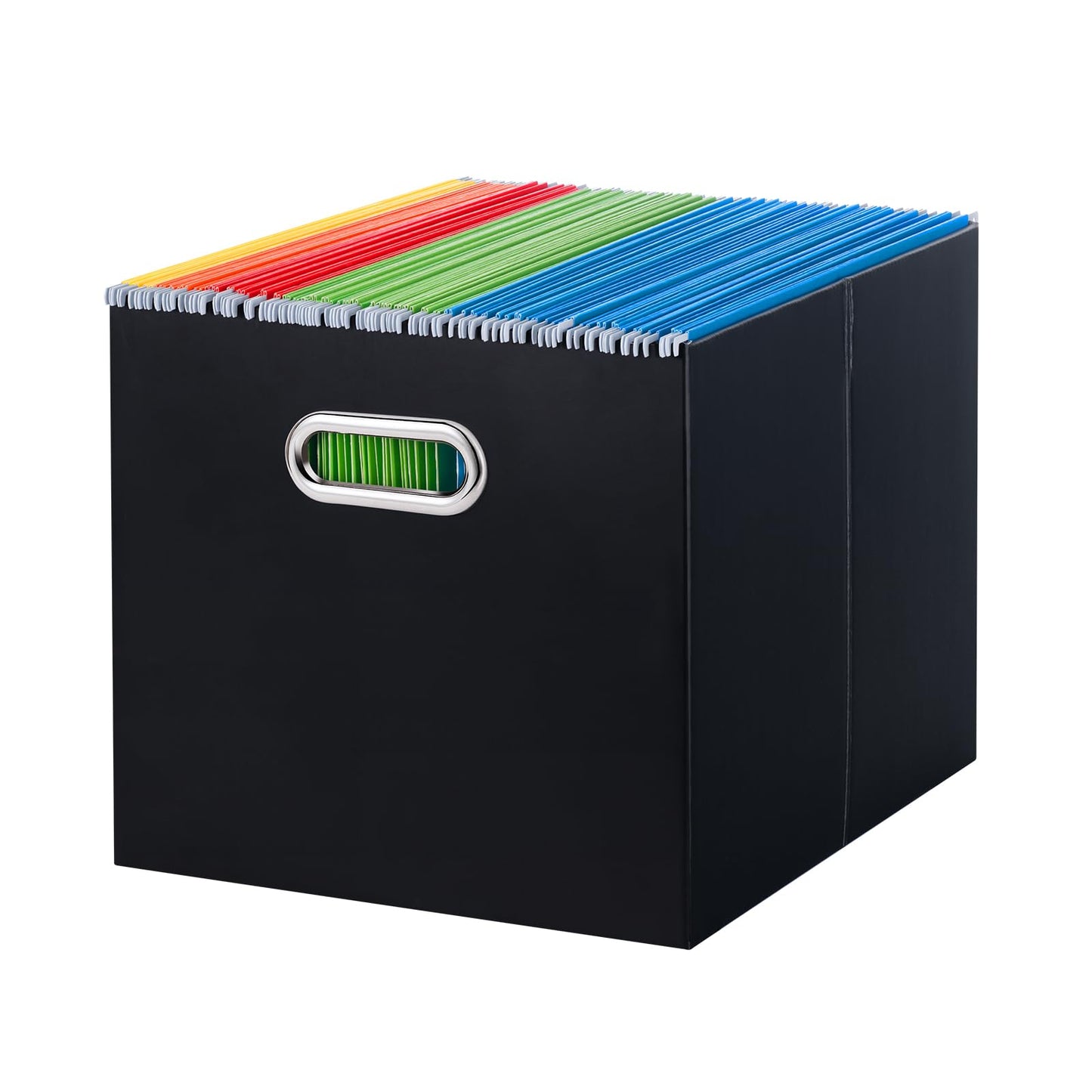 Portable Collapsible Cardboard File Box with Handle for Letter-Size | 4-Pack. Stainless Steel Handle. Label Stickers Included. Fits Letter Folders (Not Included). Home, Office, School, Dorm, Tax.