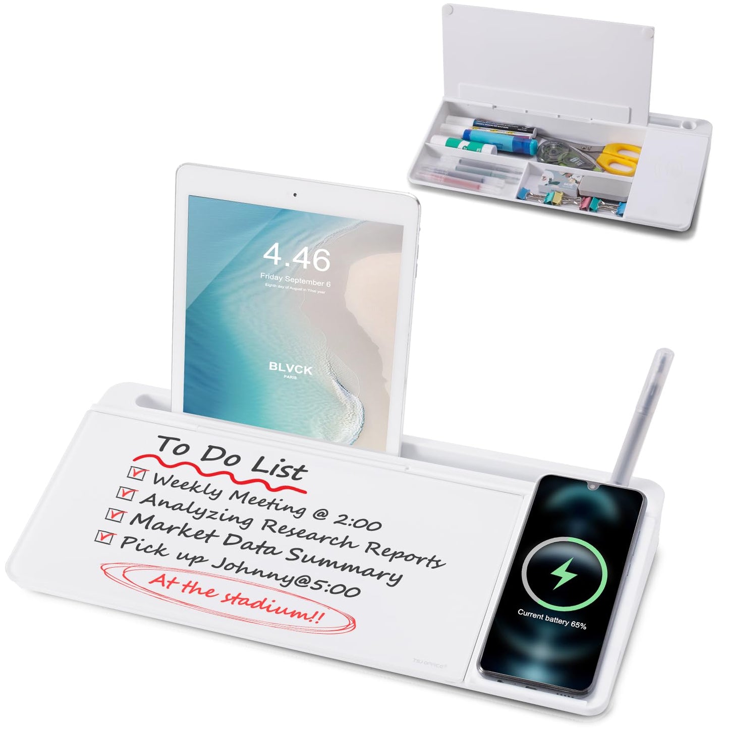 Small Desktop Whiteboard -Glass Dry Erase Board Computer Keyboard Stand White Board Surface Pad with Drawer, Desk Organizers with Accessories for Office, Home, School Supplies - White
