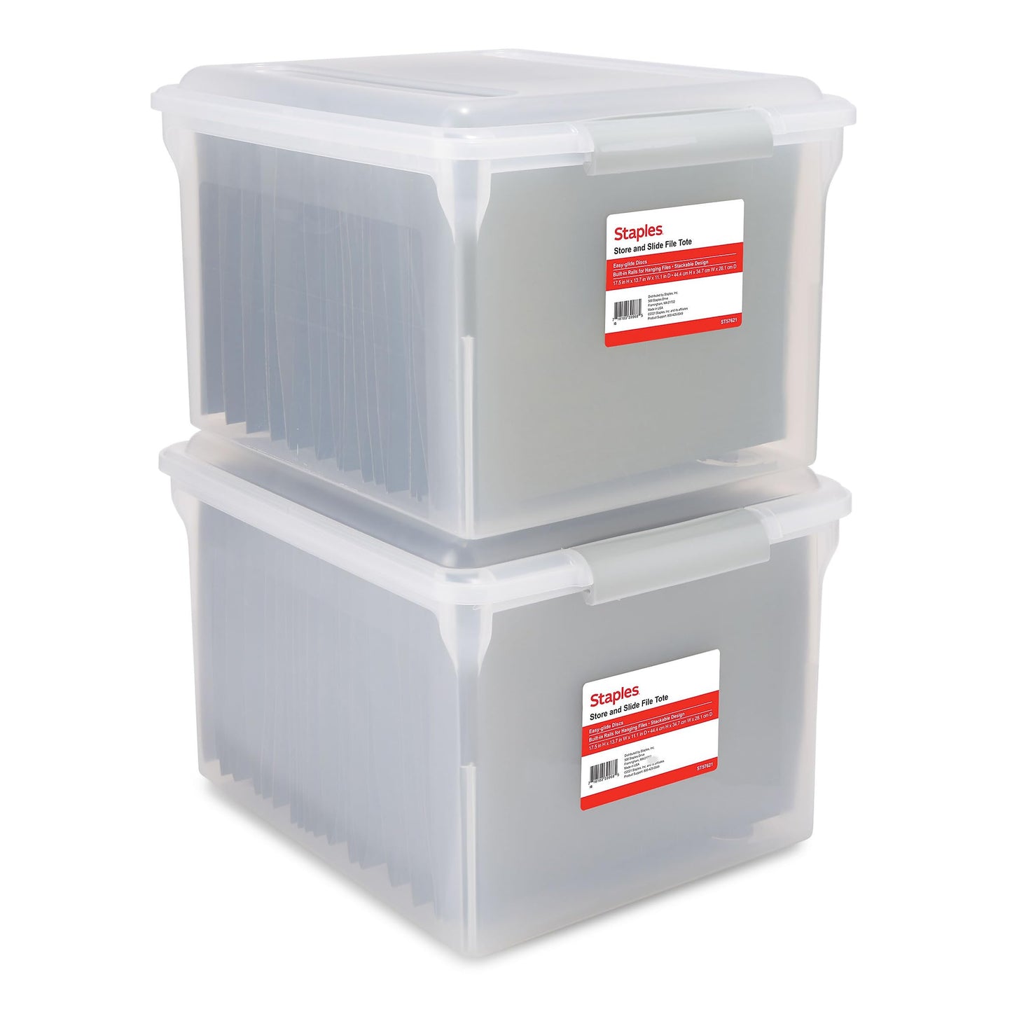 STAPLES Plastic File Box with Snap Lid, Letter/Legal Size, Clear, 4/Carton | Stackable storage box keeps hanging files organized and protected. Pack of 4.