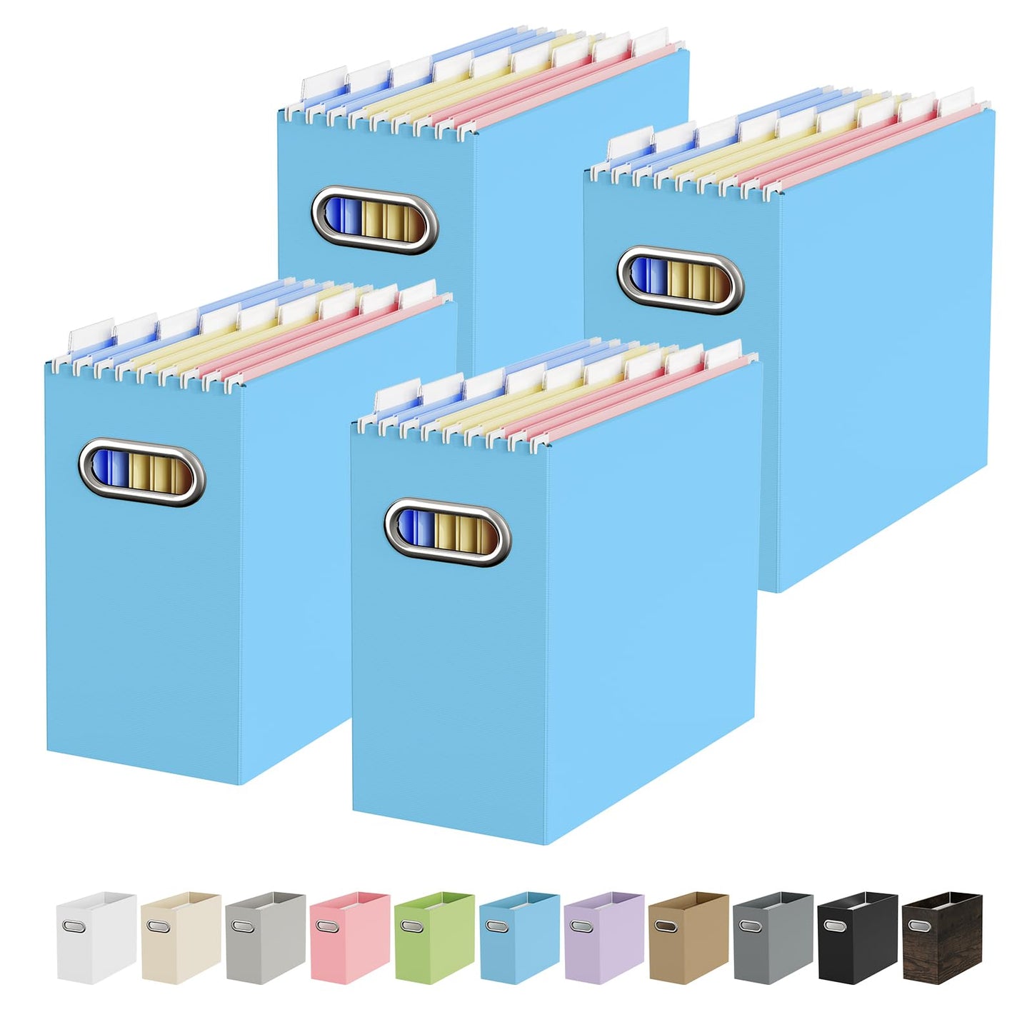 Portable Collapsible Cardboard File Box with Handle for Letter-Size | 4-Pack. Stainless Steel Handle. Label Stickers Included. Fits Letter Folders (Not Included). Home, Office, School, Dorm, Tax.