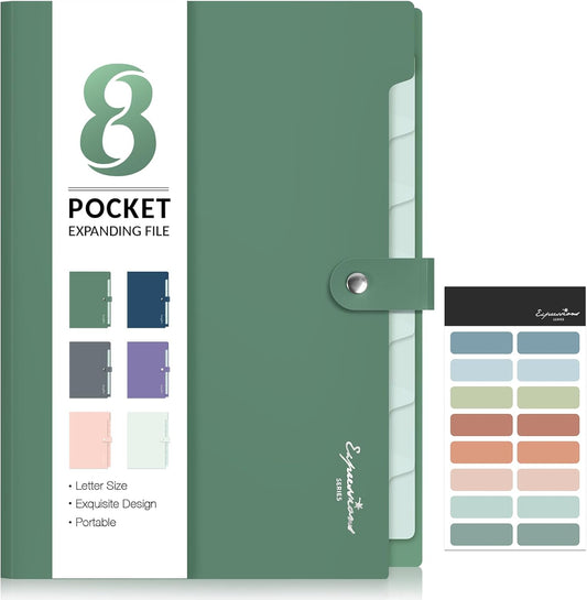 Sooez Elegant Accordion File Organizer, 8 Pocket Expanding File Folder | Portable Folders for Documents, Cute Paper Organizer with Labels, for School Office College Supplies, Letter Size, Dark Green