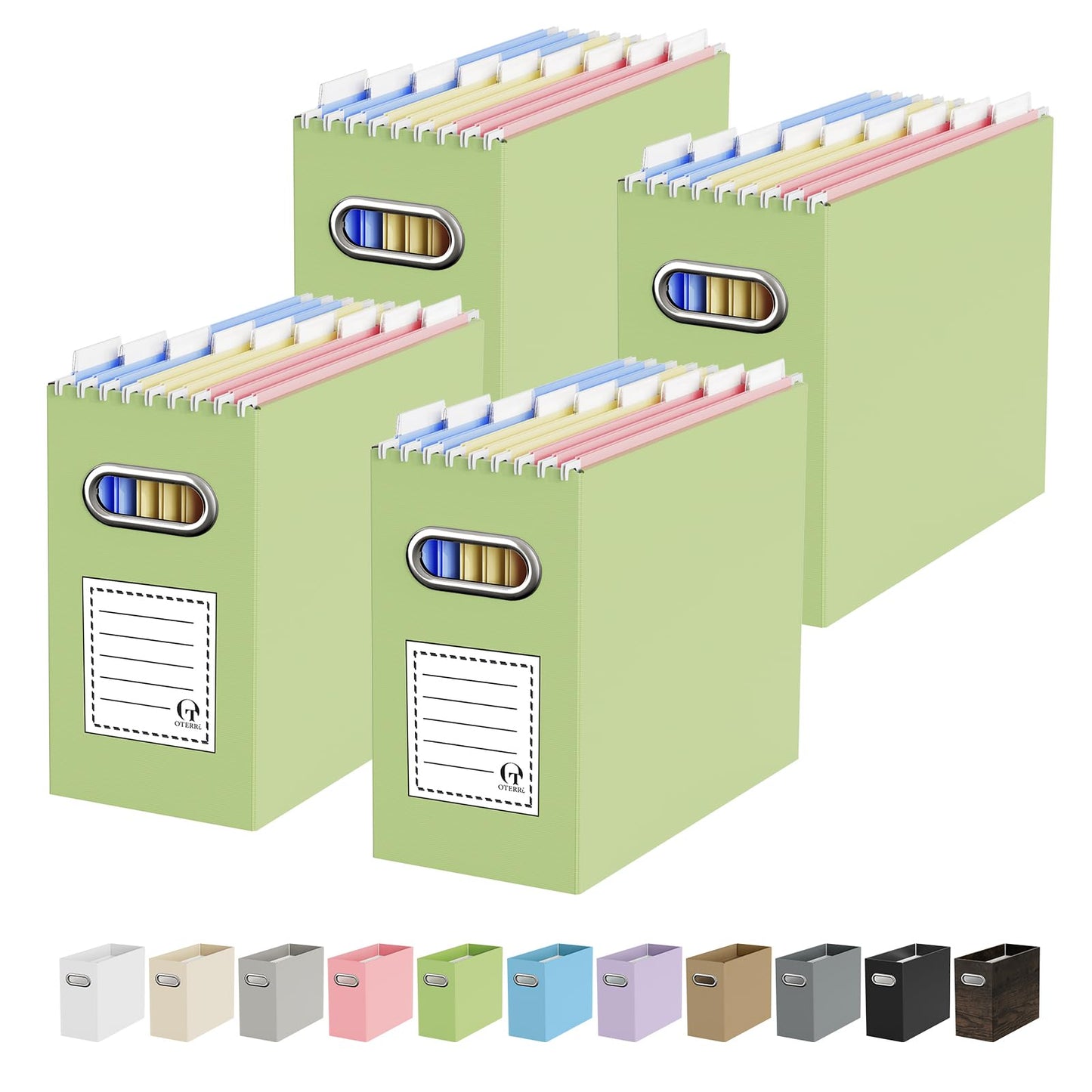 Portable Collapsible Cardboard File Box with Handle for Letter-Size | 4-Pack. Stainless Steel Handle. Label Stickers Included. Fits Letter Folders (Not Included). Home, Office, School, Dorm, Tax.