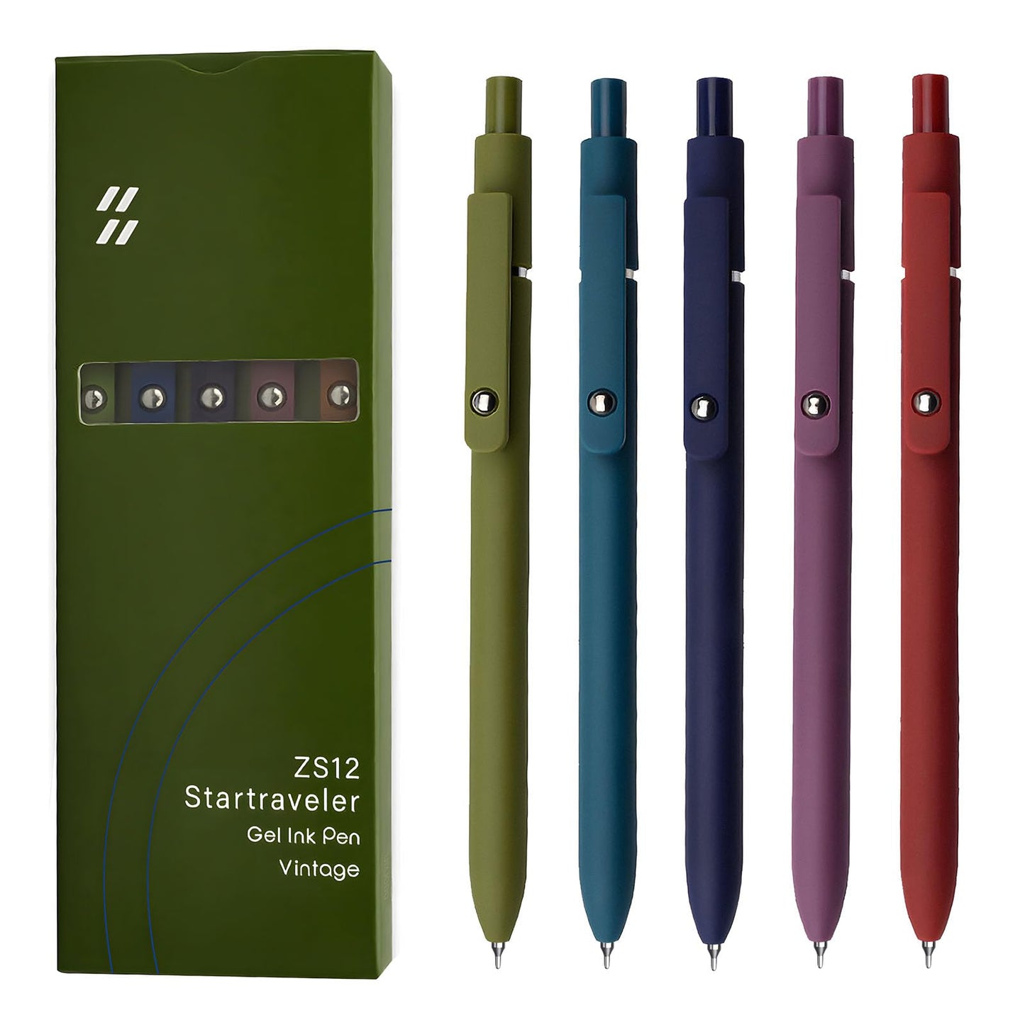 UIXJODO Gel Pens, 5 Pcs 0.5mm Black Ink Pens Fine Point Smooth Writing Pens with Silicone Grip, High-End Series Metal Clip Retractable Pens for Journaling Note Taking (Vintage)