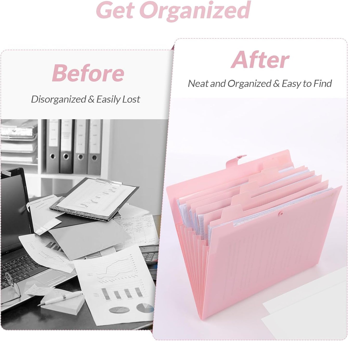 SKYDUE Expanding File Folder, Accordion File Organizer with 8 Pockets, Expandable Document Paper Receipt Holder for School Office Hospital, Letter/A4 Size Pink