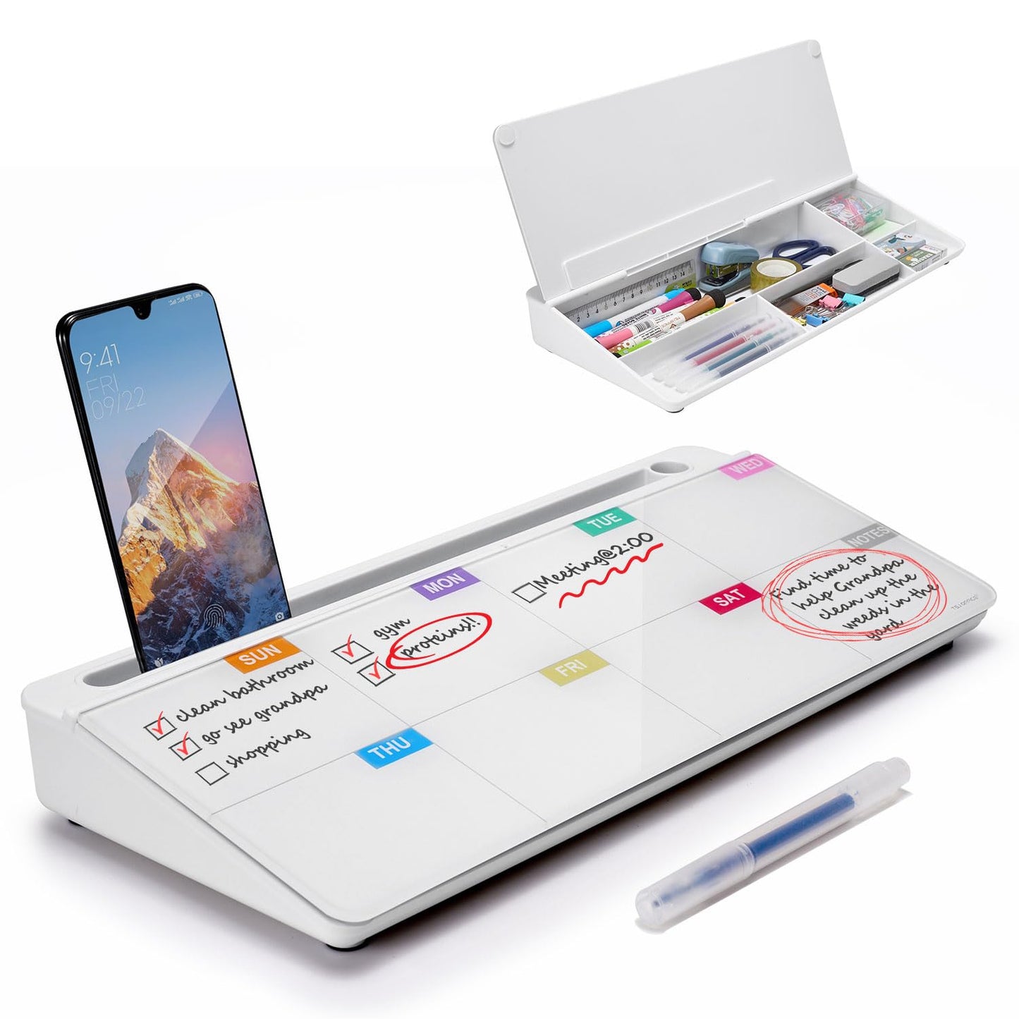 Small Desktop Whiteboard -Glass Dry Erase Board Computer Keyboard Stand White Board Surface Pad with Drawer, Desk Organizers with Accessories for Office, Home, School Supplies - White