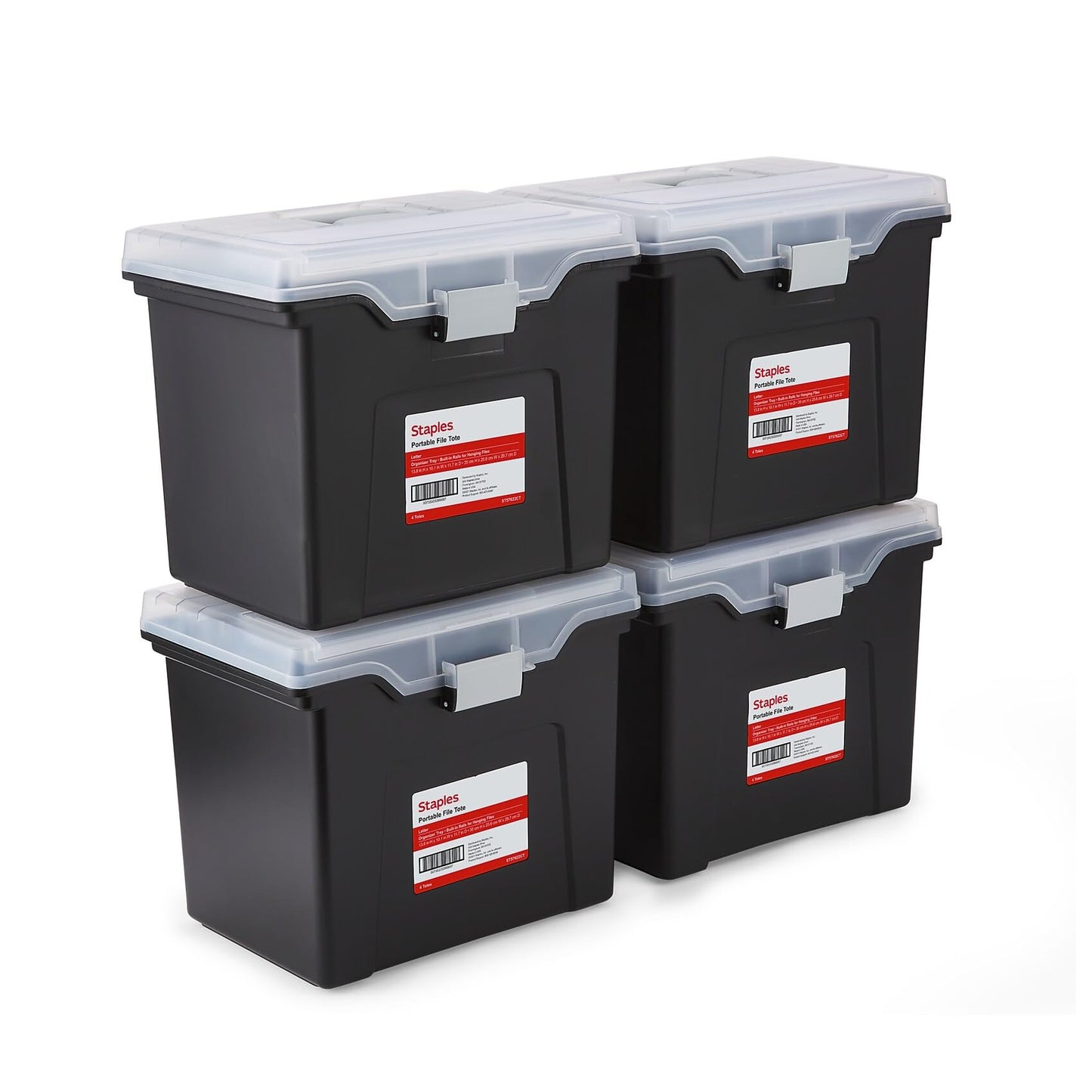 STAPLES Plastic File Box with Snap Lid, Letter/Legal Size, Clear, 4/Carton | Stackable storage box keeps hanging files organized and protected. Pack of 4.