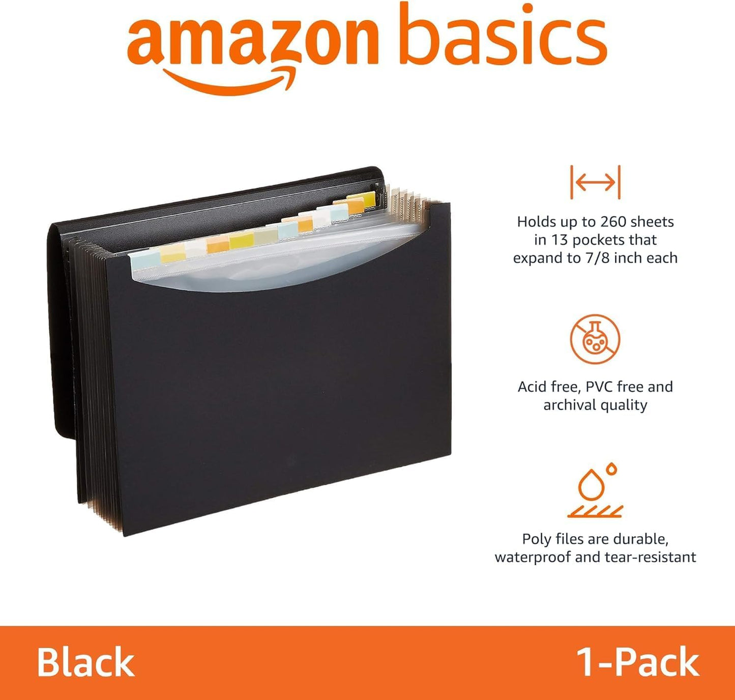 Amazon Basics Expanding Accordion File Organizer, Letter Size, 13 Compartments, Large Capacity Document Storage, Waterproof, Black, 1-Pack
