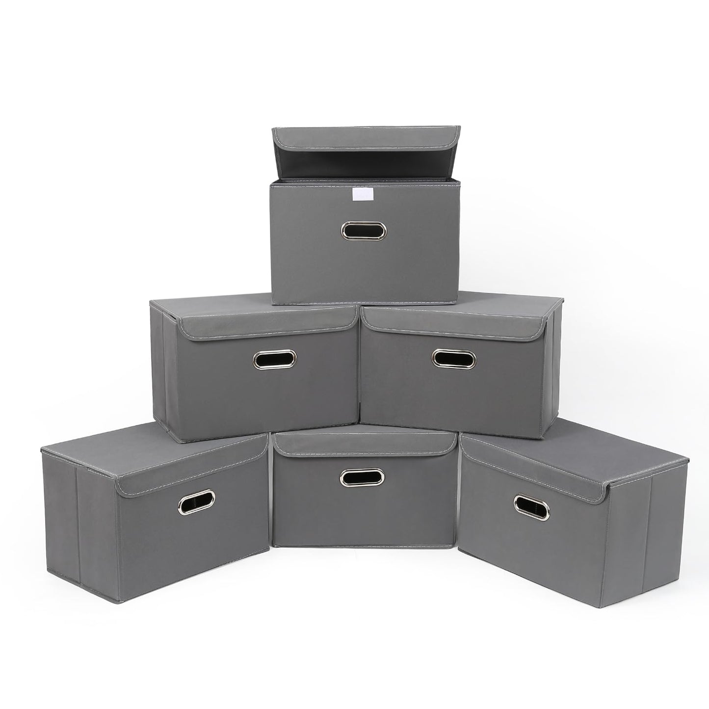 STOREONE Fabric Storage Cube Bins Foldable Organizer Container Collapsible Basket with Lids and Metal Handles, for Home, Bedroom, Closet (Black, 3 Pcs)