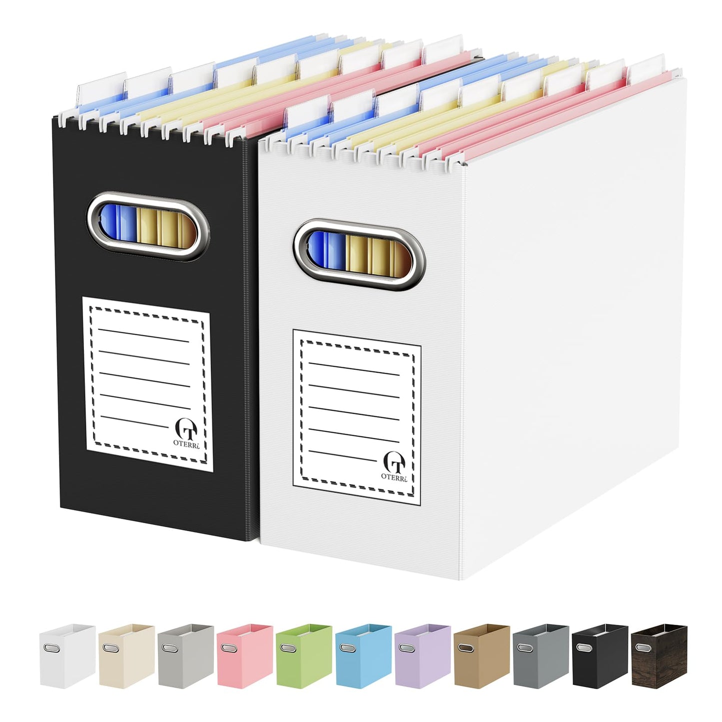 Portable Collapsible Cardboard File Box with Handle for Letter-Size | 4-Pack. Stainless Steel Handle. Label Stickers Included. Fits Letter Folders (Not Included). Home, Office, School, Dorm, Tax.