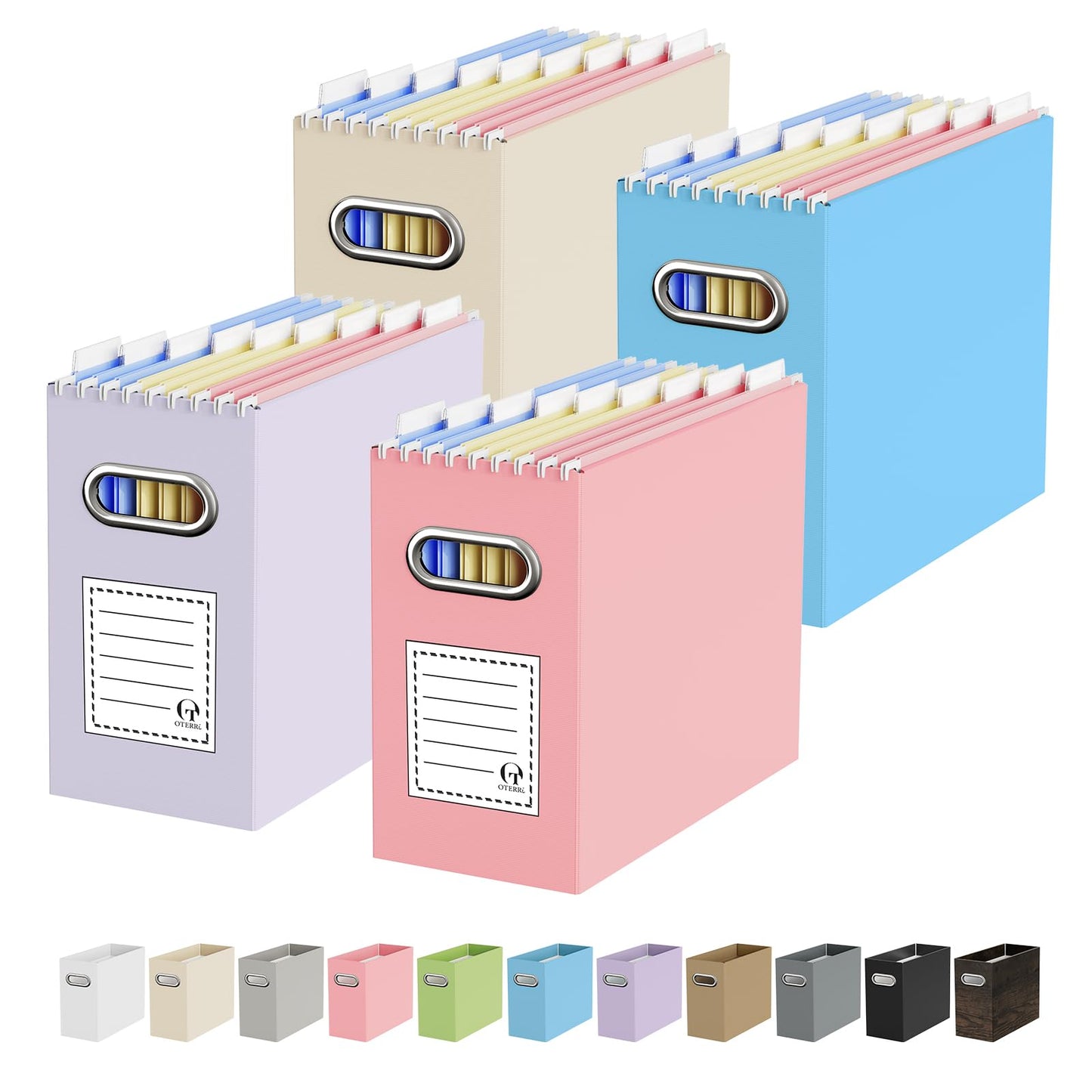 Portable Collapsible Cardboard File Box with Handle for Letter-Size | 4-Pack. Stainless Steel Handle. Label Stickers Included. Fits Letter Folders (Not Included). Home, Office, School, Dorm, Tax.