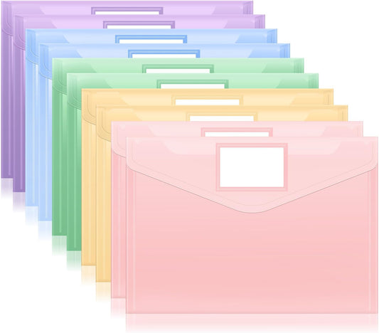Sooez 10 Packs Plastic Envelopes Plastic File Folders, Document Organizer | US Letter A4 Size Folders for Documents with Label Pocket for School Office Work Home Organization, Fresh Colors
