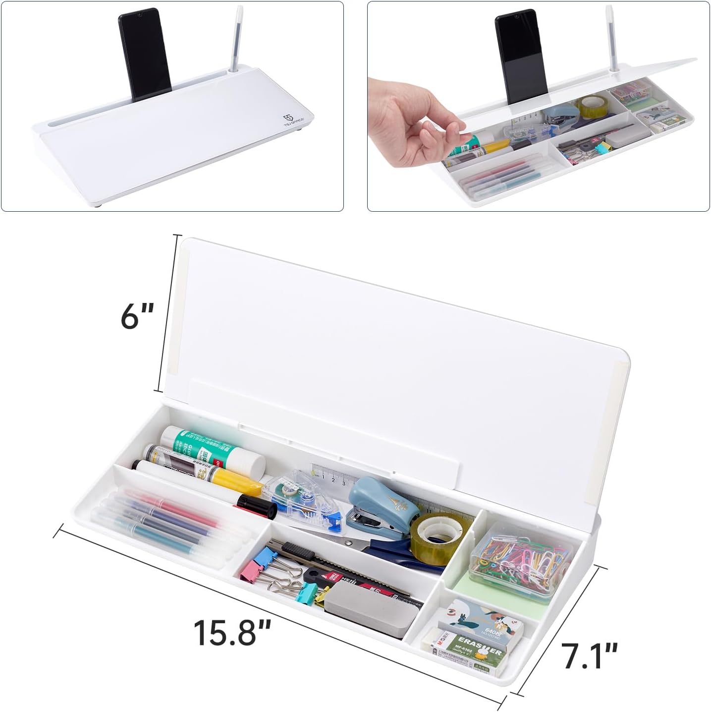 Small Desktop Whiteboard -Glass Dry Erase Board Computer Keyboard Stand White Board Surface Pad with Drawer, Desk Organizers with Accessories for Office, Home, School Supplies - White