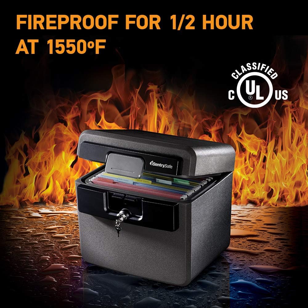 SentrySafe Black Fireproof and Waterproof Safe, File Folder and Document Box with Key Lock, 14.3 x 15.5 x 13.5 inches, HD4100 | UL Classified Fire and Water Resistant 0.65 Cu Ft File Box, Key Lock Protection, Organizes Hanging Folders, Documents