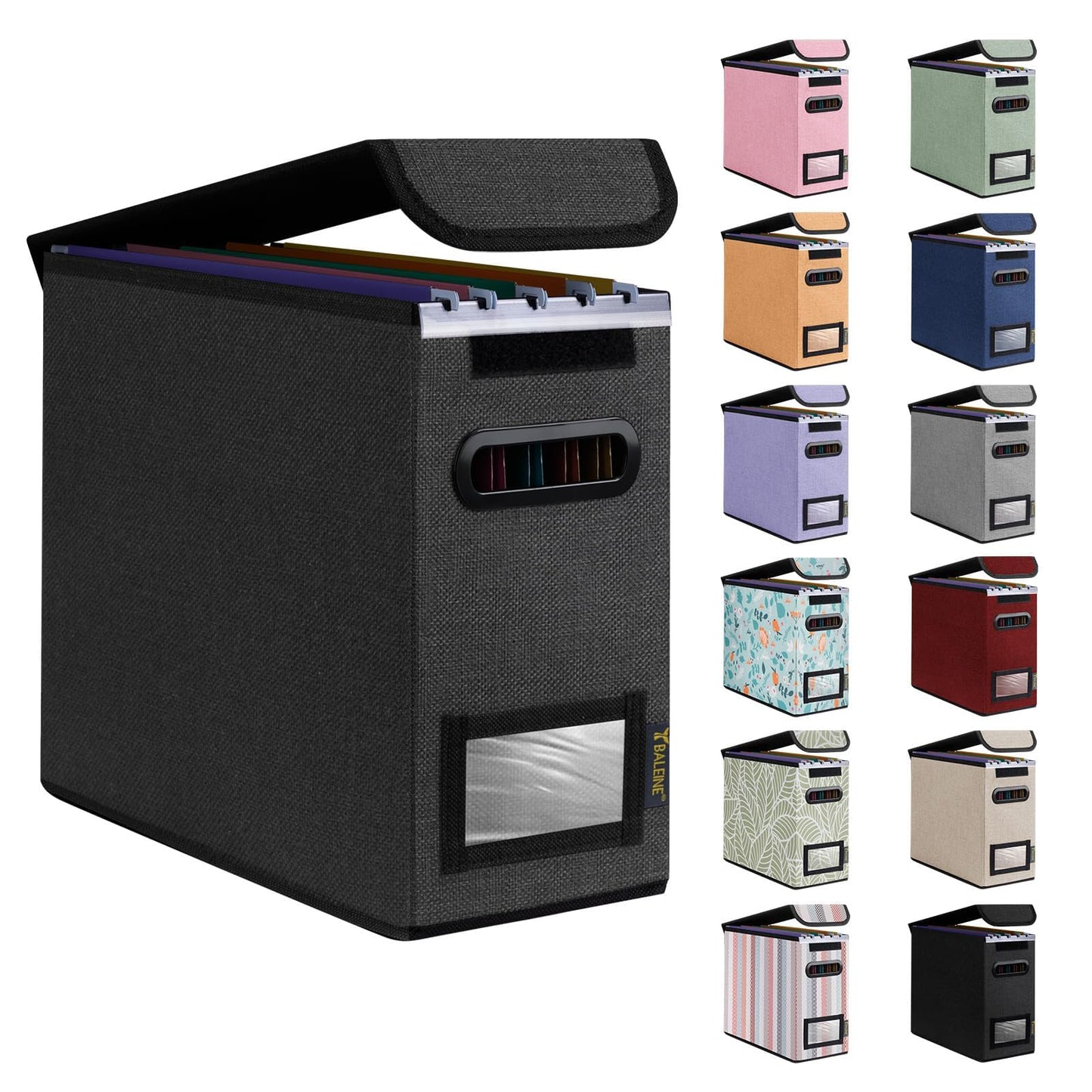 BALEINE File Organizer Box with Lid, Collapsible File Folder Organizer with Plastic Slide, Hanging File Folder Box for Office Document Storage (1 Pack, Black)