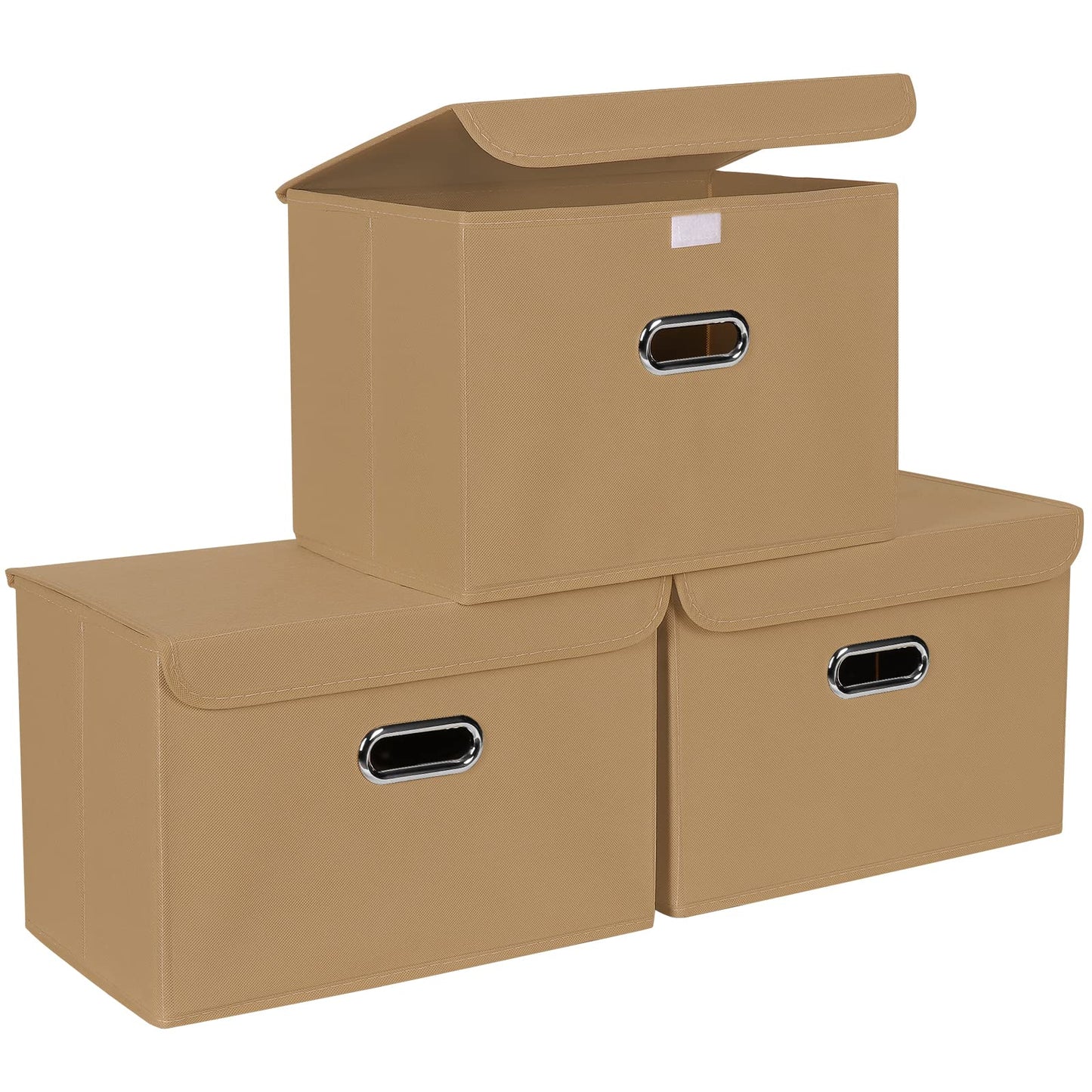 STOREONE Fabric Storage Cube Bins Foldable Organizer Container Collapsible Basket with Lids and Metal Handles, for Home, Bedroom, Closet (Black, 3 Pcs)