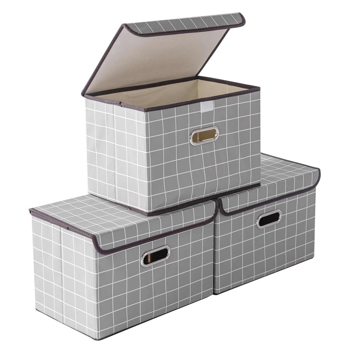 STOREONE Fabric Storage Cube Bins Foldable Organizer Container Collapsible Basket with Lids and Metal Handles, for Home, Bedroom, Closet (Black, 3 Pcs)