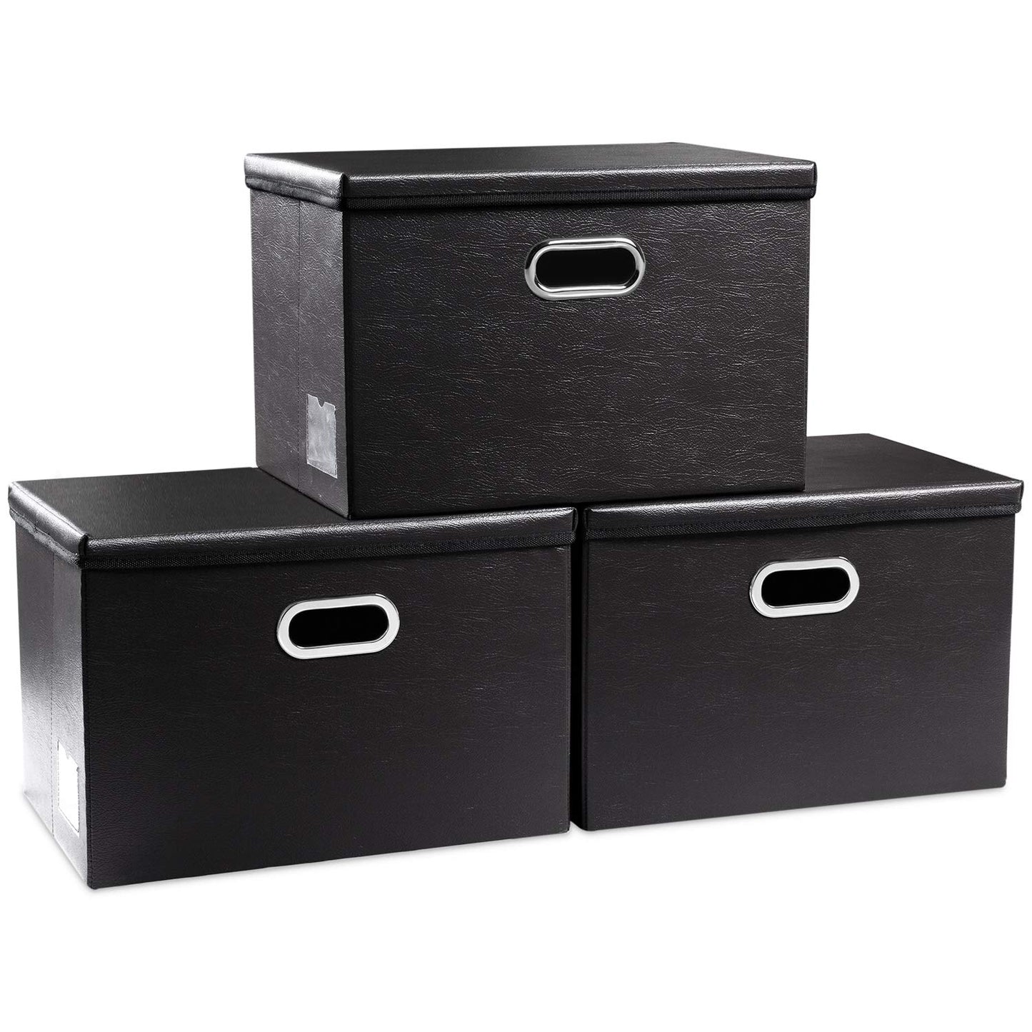 PRANDOM Large Collapsible Storage Bin with Lid [1-Pack] Leather Fabric Foldable Storage Box Organizer Containes Basket Cube with Cover for Home Bedroom Closet Office Nursery Black (17.7x11.8x11.8)
