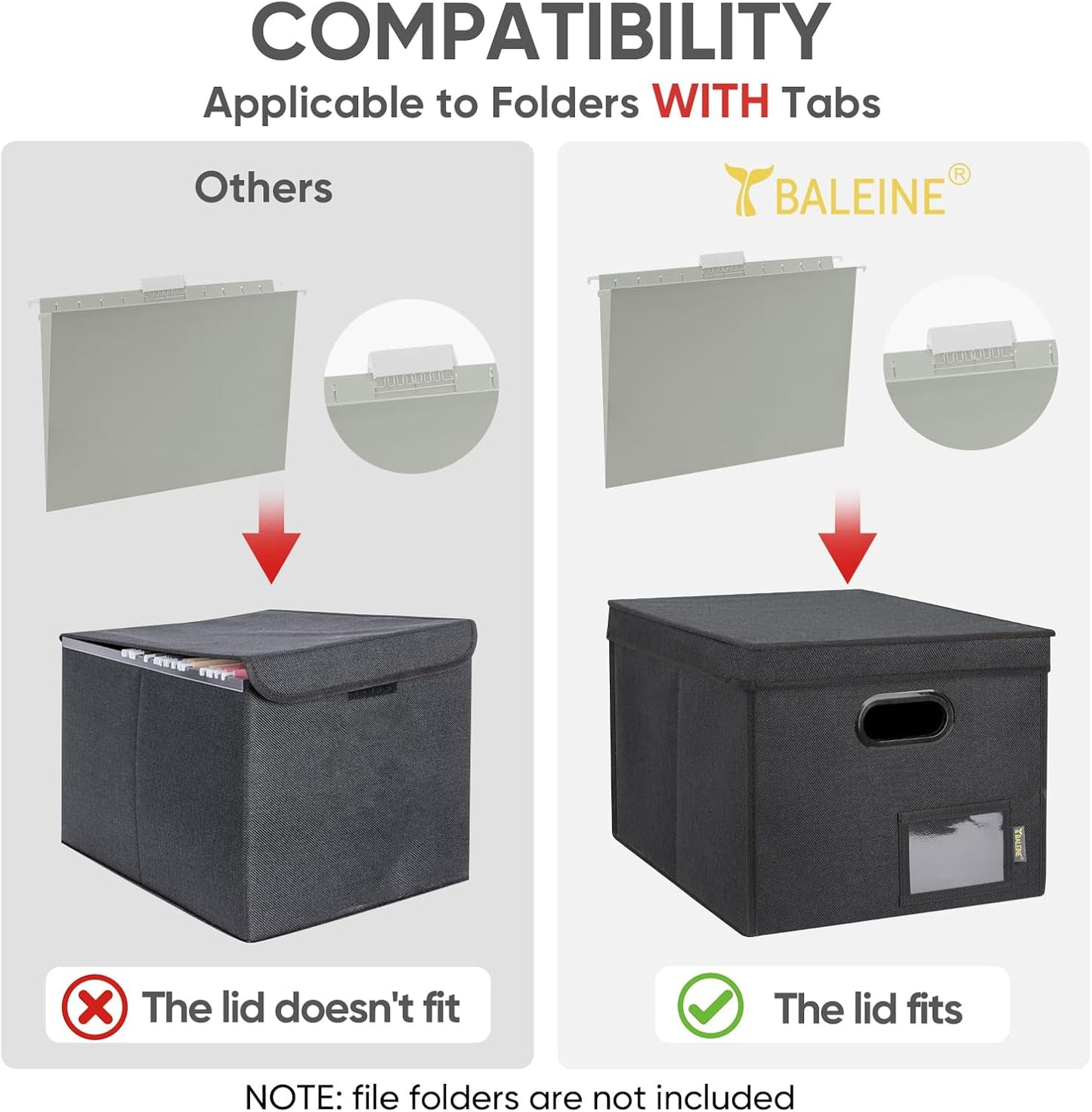 BALEINE File Organizer Box with Lid, Collapsible File Folder Organizer with Plastic Slide, Hanging File Folder Box for Office Document Storage (Tab Friendly, 1 Pack, Black)